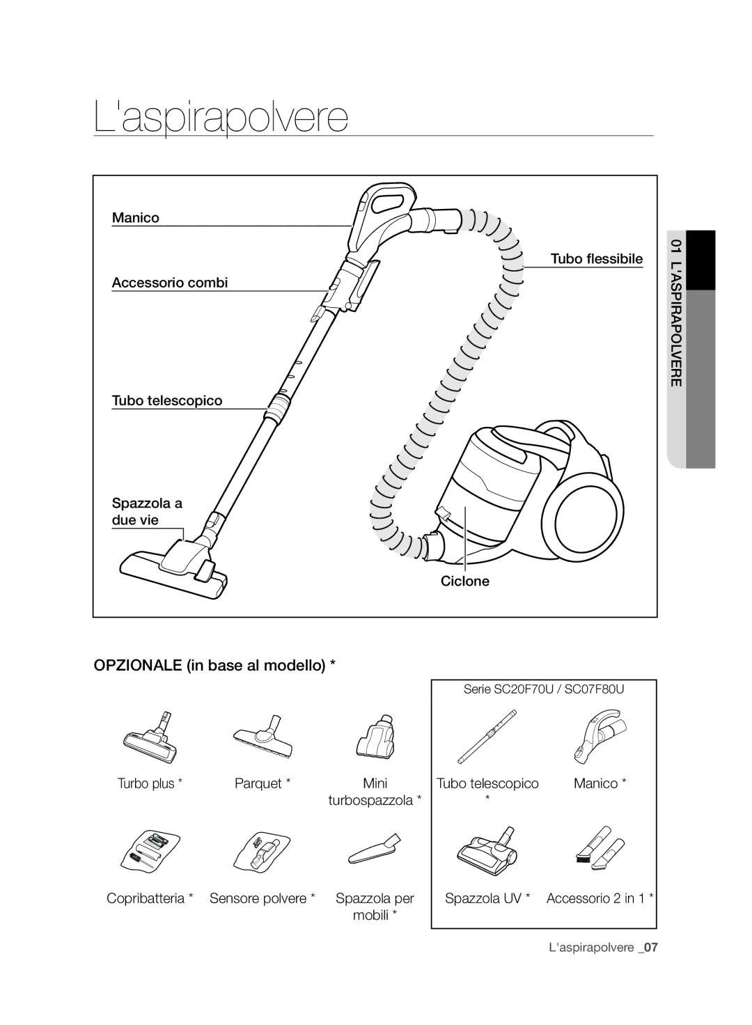 Samsung VC20F70HNAR/SW, VC20F70HNBN/GE, VC08F70HUSC/SW, VC08F70HUSC/GE manual Laspirapolvere, Opzionale in base al modello 