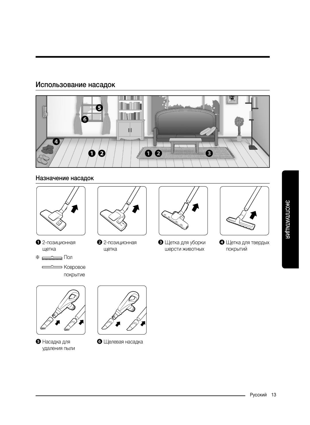 Samsung VC20M2540JN/EV, VC20M251AWB/EV, VC20M255AWB/EV, VC20M257AWR/EV, VC20M2560JP/EV manual Использование насадок, ❶ ❷ 