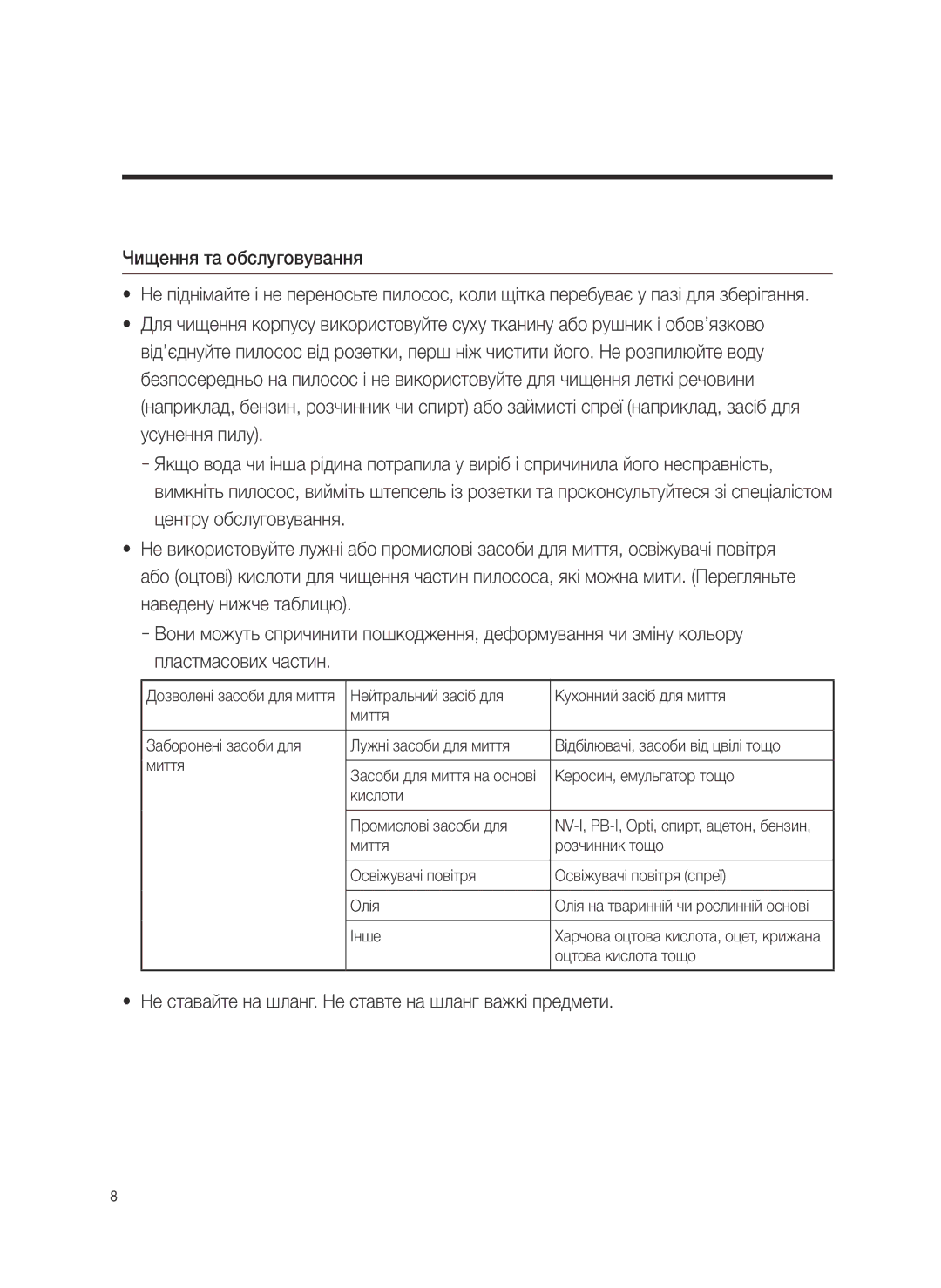 Samsung VC20M2540JN/EV, VC20M251AWB/EV, VC20M255AWB/EV manual Не ставайте на шланг. Не ставте на шланг важкі предмети 