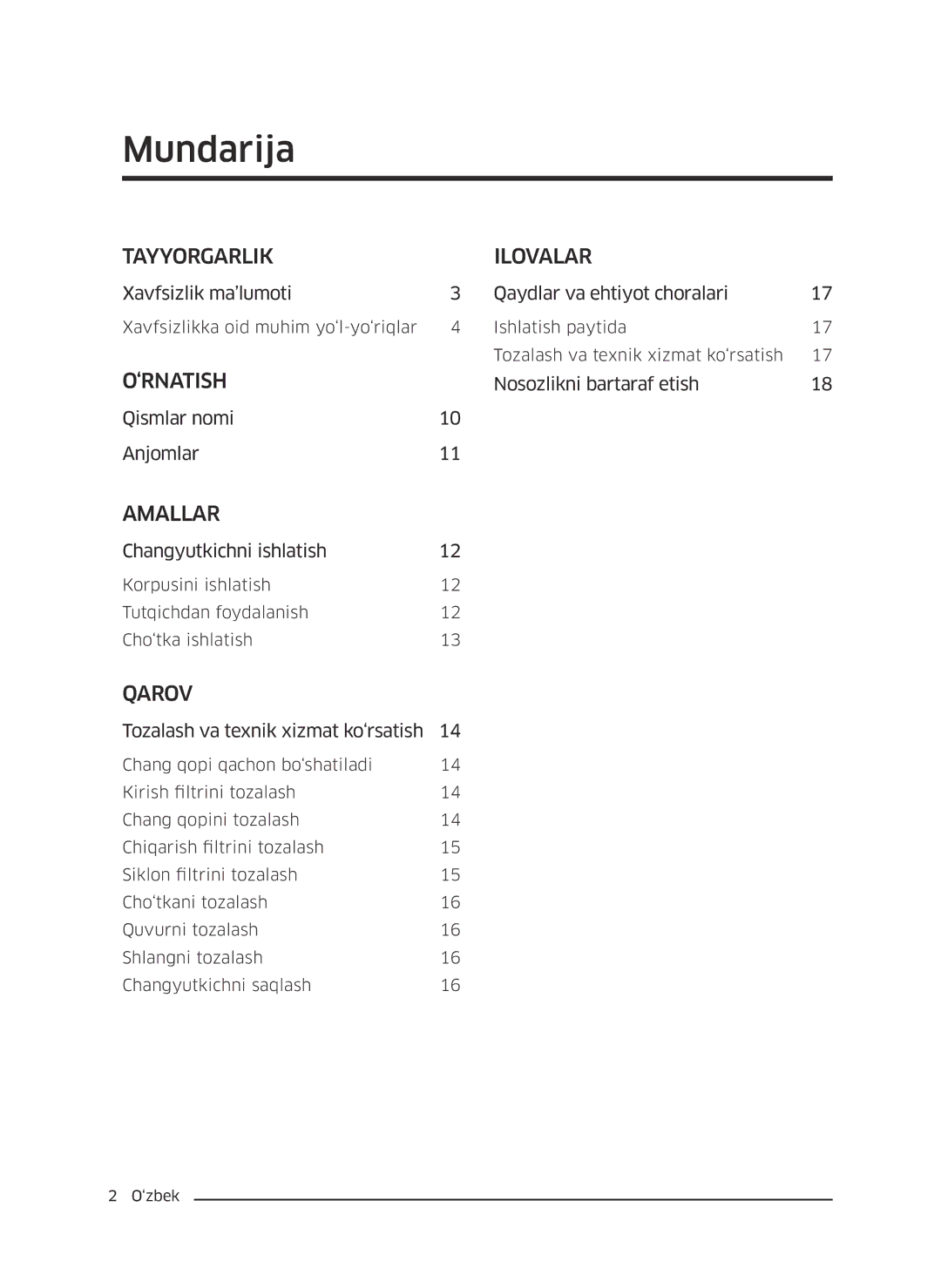 Samsung VC20M2540JN/EV, VC20M251AWB/EV, VC20M255AWB/EV, VC20M257AWR/EV, VC20M2560JP/EV manual Mundarija, Tayyorgarlik Ilovalar 