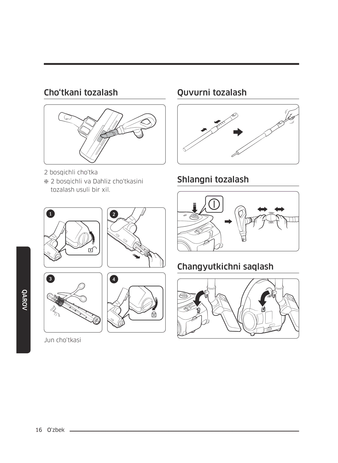 Samsung VC20M257AWR/EV, VC20M251AWB/EV manual Cho‘tkani tozalash Quvurni tozalash, Shlangni tozalash Changyutkichni saqlash 