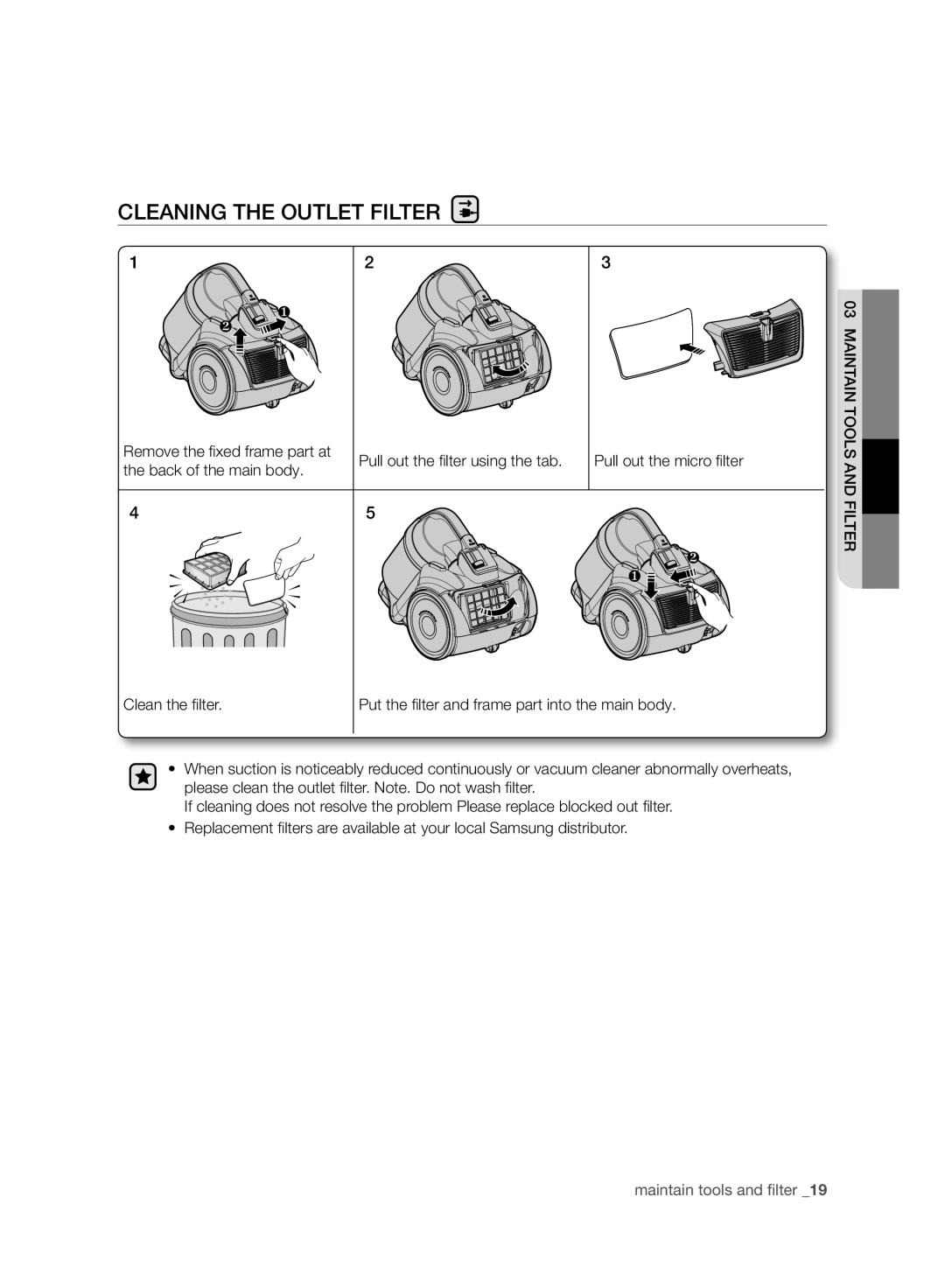 Samsung VC21F50VNAR/OL Cleaning the Outlet Filter, Remove the ﬁ xed frame part at, Back of the main body, Clean the ﬁ lter 