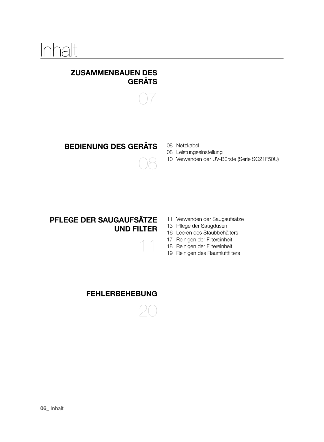 Samsung VC21F50HNDB/EG, VC21F50VNAR/OL, VC21F50HUDU/GE, VC07F50VNVR/SW, VC21F50VNAB/SW, VC07F50VNRB/SW Inhalt, Fehlerbehebung 