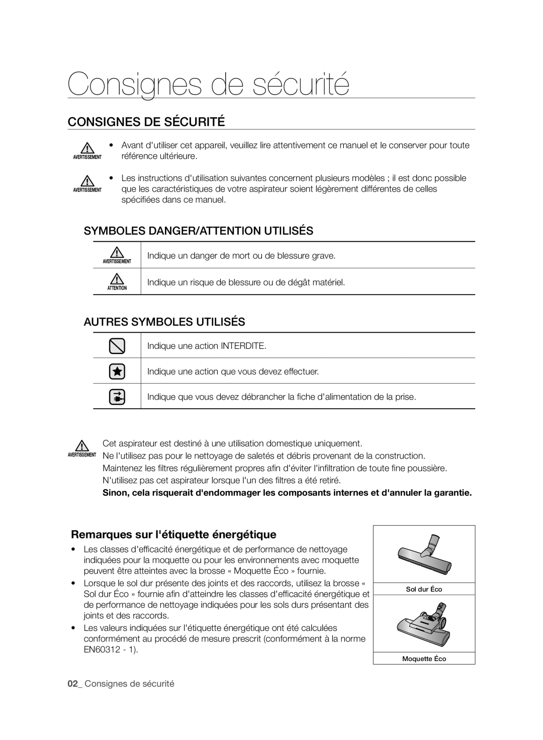 Samsung VC21F50HUDU/GE, VC21F50HNDB/EG Consignes de sécurité, Consignes DE Sécurité, Remarques sur létiquette énergétique 