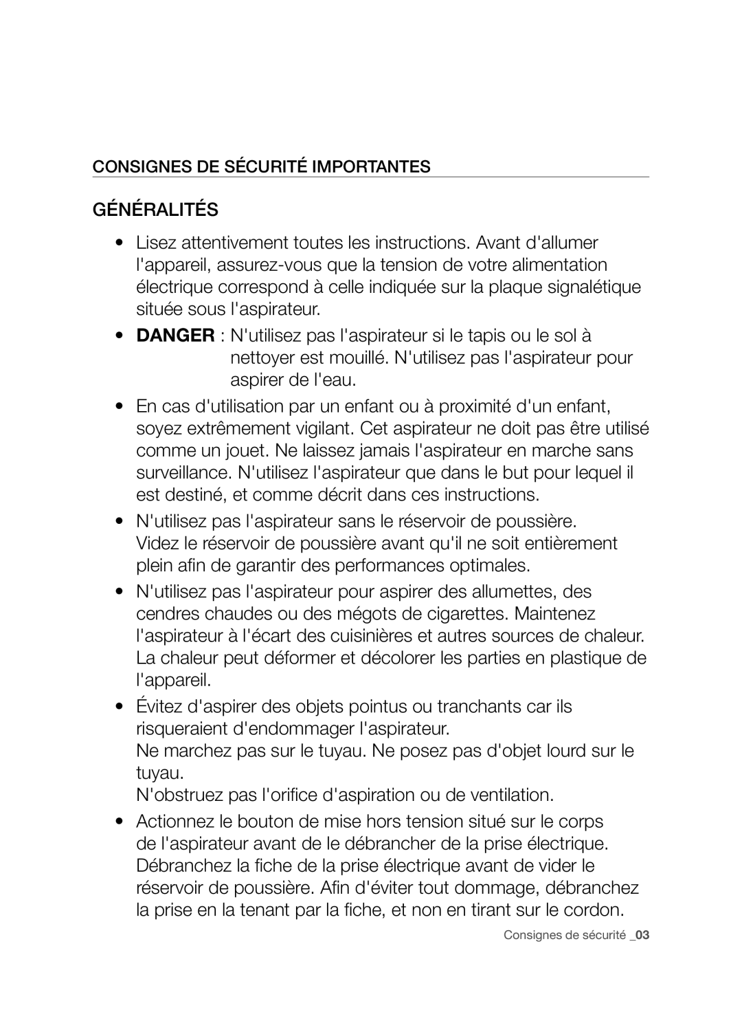 Samsung VC07F50VNVR/SW, VC21F50HNDB/EG, VC21F50VNAR/OL, VC21F50HUDU/GE manual Généralités, Consignes DE Sécurité Importantes 