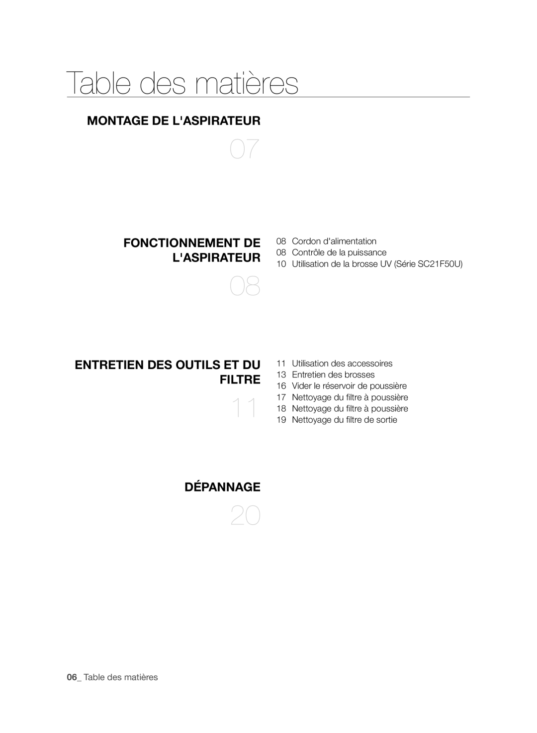 Samsung VC21F50HNDB/EG, VC21F50VNAR/OL, VC21F50HUDU/GE, VC07F50VNVR/SW, VC21F50VNAB/SW manual Table des matières, Dépannage 