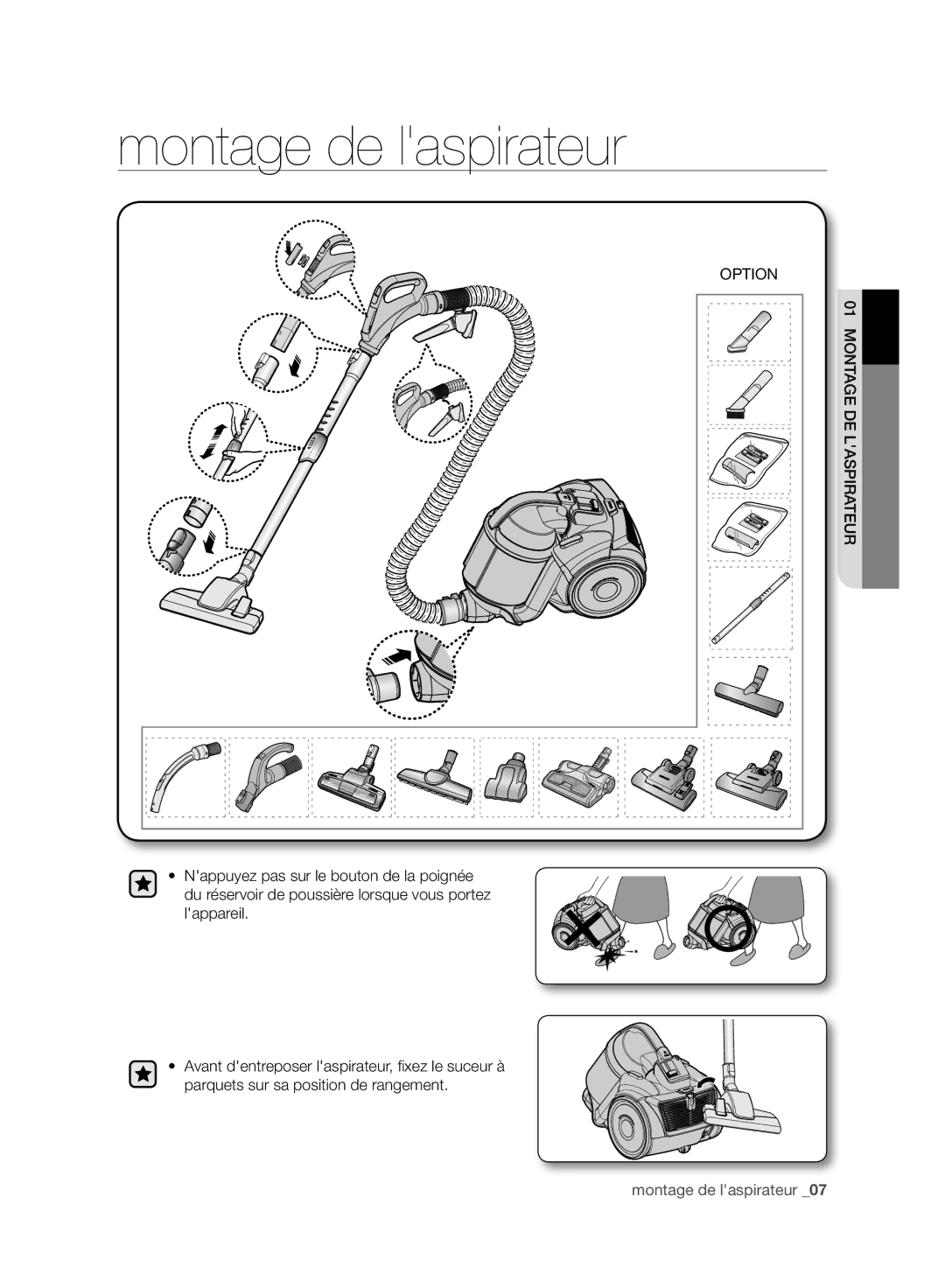 Samsung VC21F50VNAR/OL, VC21F50HNDB/EG, VC21F50HUDU/GE, VC07F50VNVR/SW manual Montage de laspirateur, Montage DE Laspirateur 