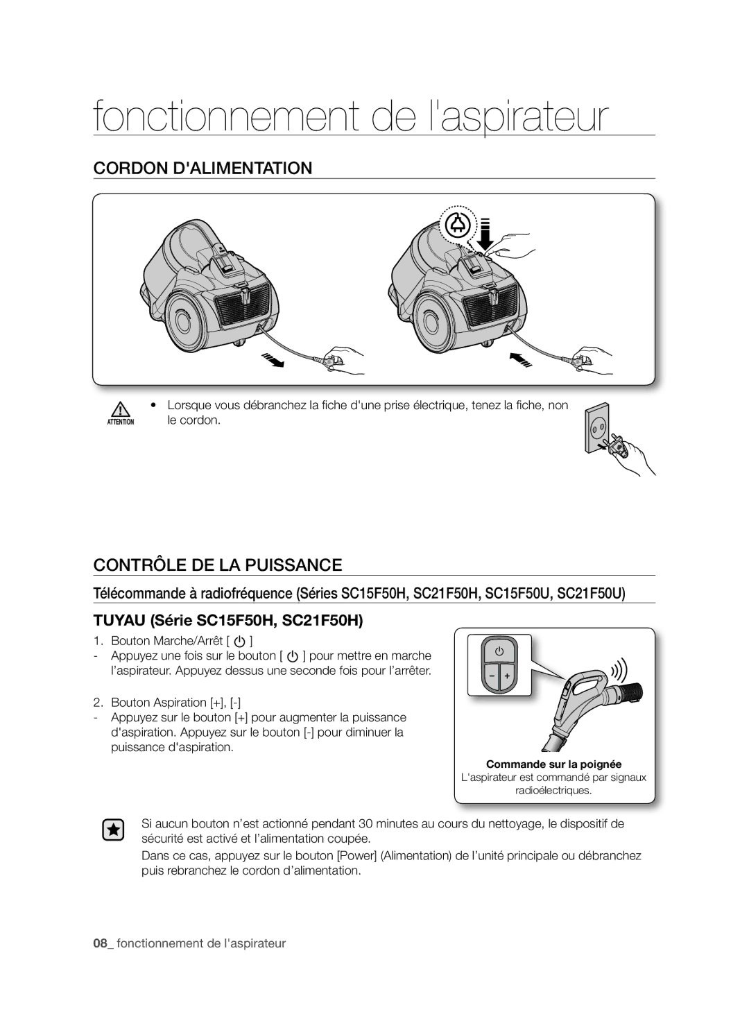 Samsung VC21F50HUDU/GE, VC21F50HNDB/EG manual Fonctionnement de laspirateur, Cordon Dalimentation, Contrôle DE LA Puissance 