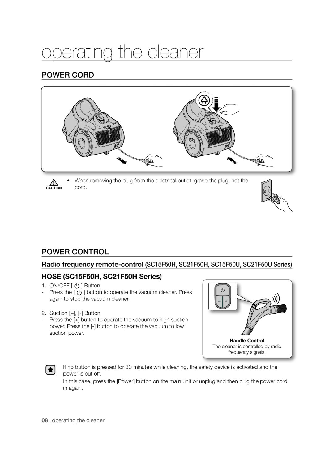 Samsung VC21F50HUDU/GE Operating the cleaner, Power Cord, Power Control, Hose SC15F50H, SC21F50H Series, Suction power 