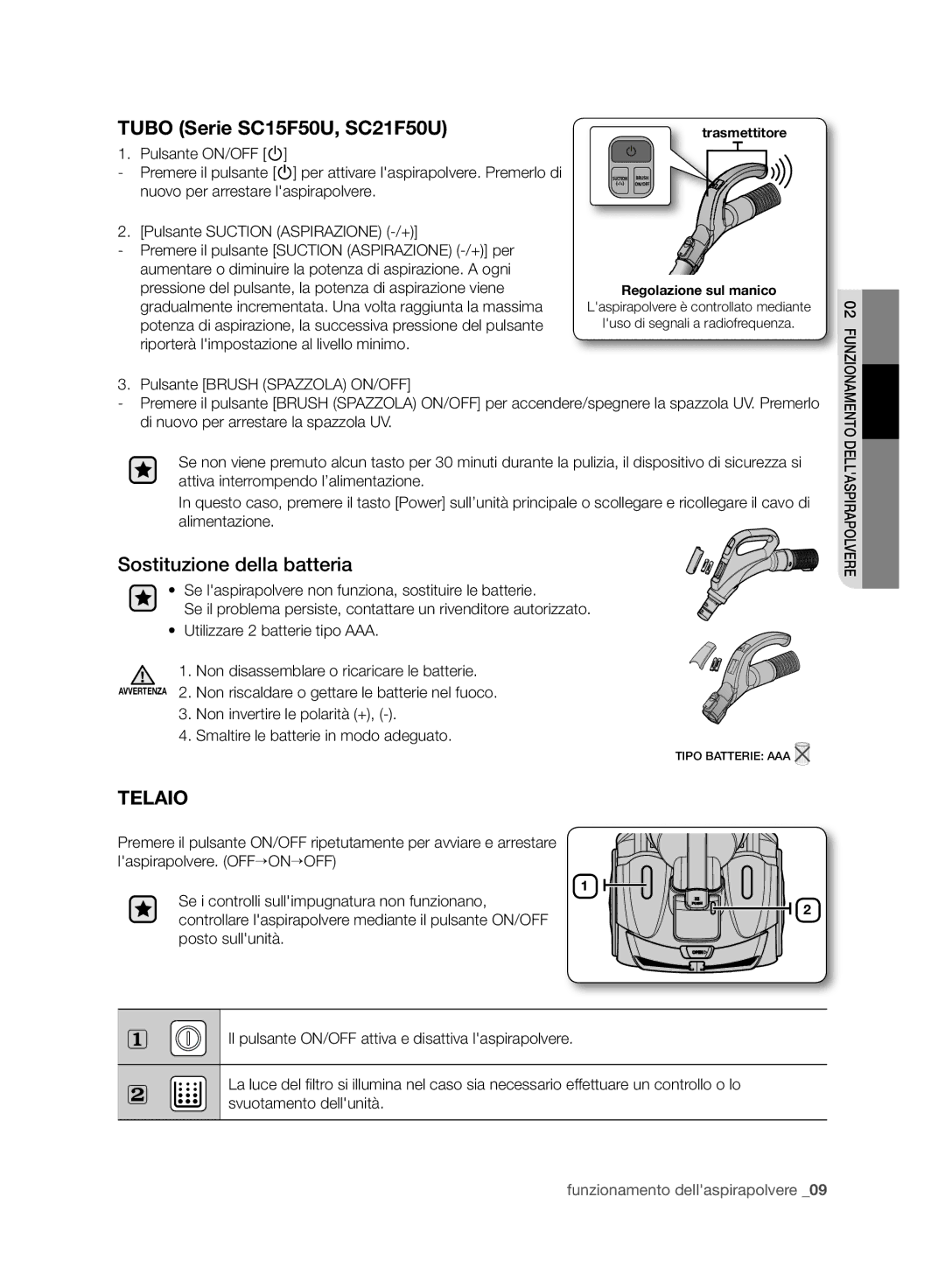 Samsung VC07F50VNVR/SW, VC21F50HNDB/EG, VC21F50VNAR/OL manual Tubo Serie SC15F50U, SC21F50U, Sostituzione della batteria 