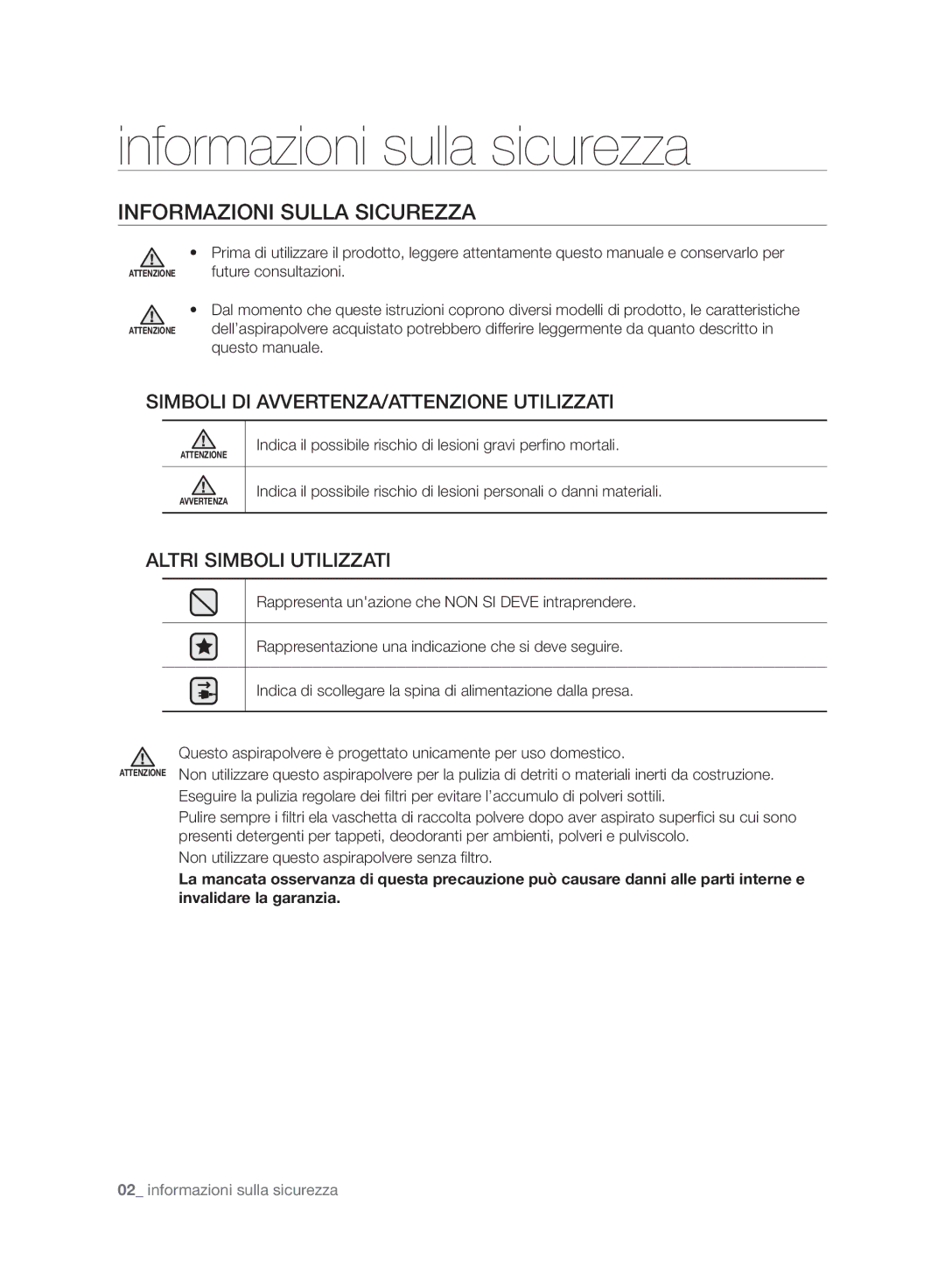 Samsung VC07F50HNRB/EC, VC21F50HNDB/ET, VC21F50VNAP/EC manual Informazioni sulla sicurezza, Informazioni Sulla Sicurezza 