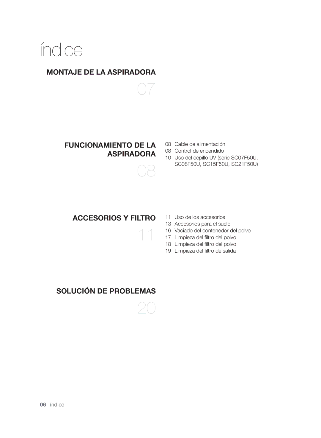 Samsung VC07F50HNRB/EC, VC21F50HNDB/ET, VC21F50VNAP/EC, VC21F50HNDB/EC Índice, Accesorios Y Filtro Solución DE Problemas 