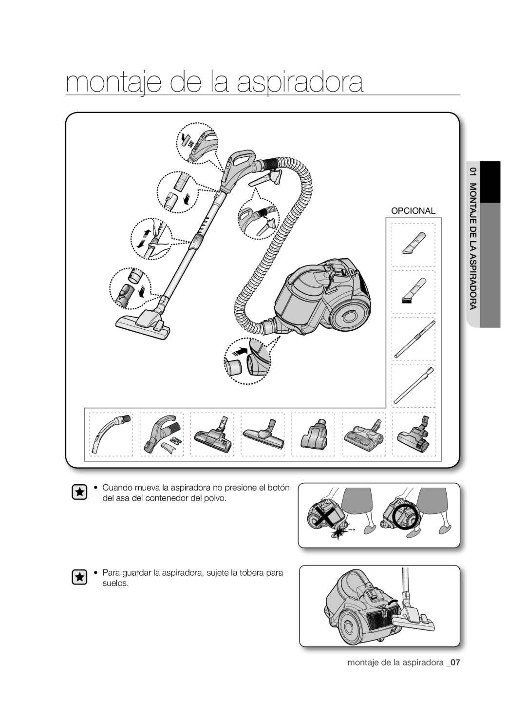 Samsung VC21F50HNDB/EC, VC21F50HNDB/ET, VC21F50VNAP/EC, VC07F50HNRB/EC manual Montaje de la aspiradora, Opcional 