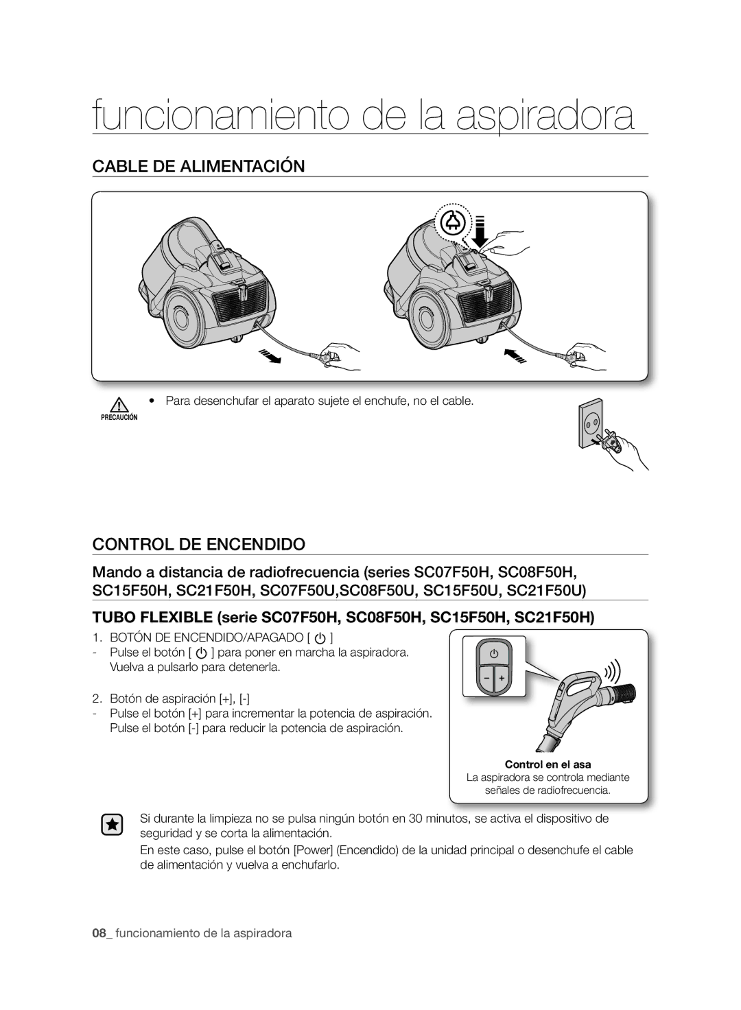 Samsung VC21F50HNDB/ET, VC21F50VNAP/EC manual Funcionamiento de la aspiradora, Cable DE Alimentación, Control DE Encendido 