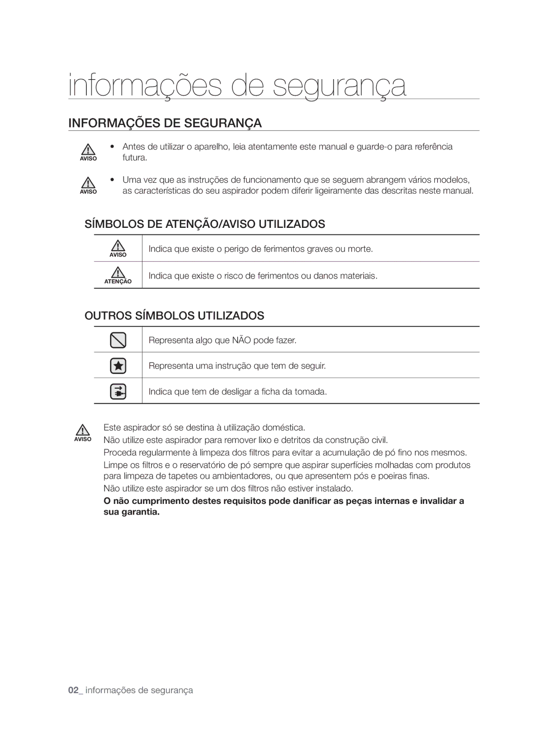 Samsung VC07F50HNRB/EC, VC21F50HNDB/ET, VC21F50VNAP/EC, VC21F50HNDB/EC Informações de segurança, Informações DE Segurança 