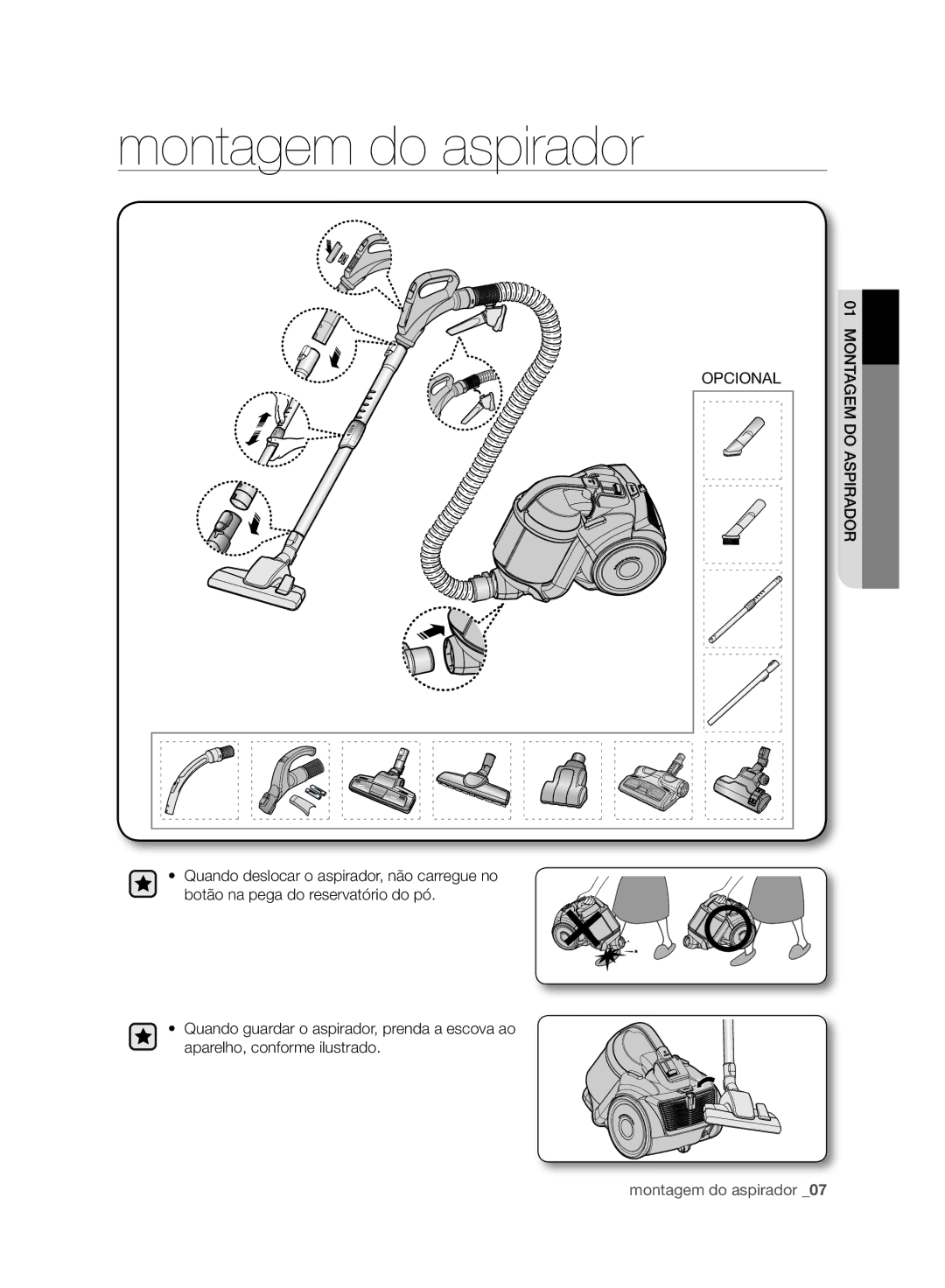 Samsung VC21F50HNDB/EC, VC21F50HNDB/ET, VC21F50VNAP/EC, VC07F50HNRB/EC manual Montagem do aspirador 