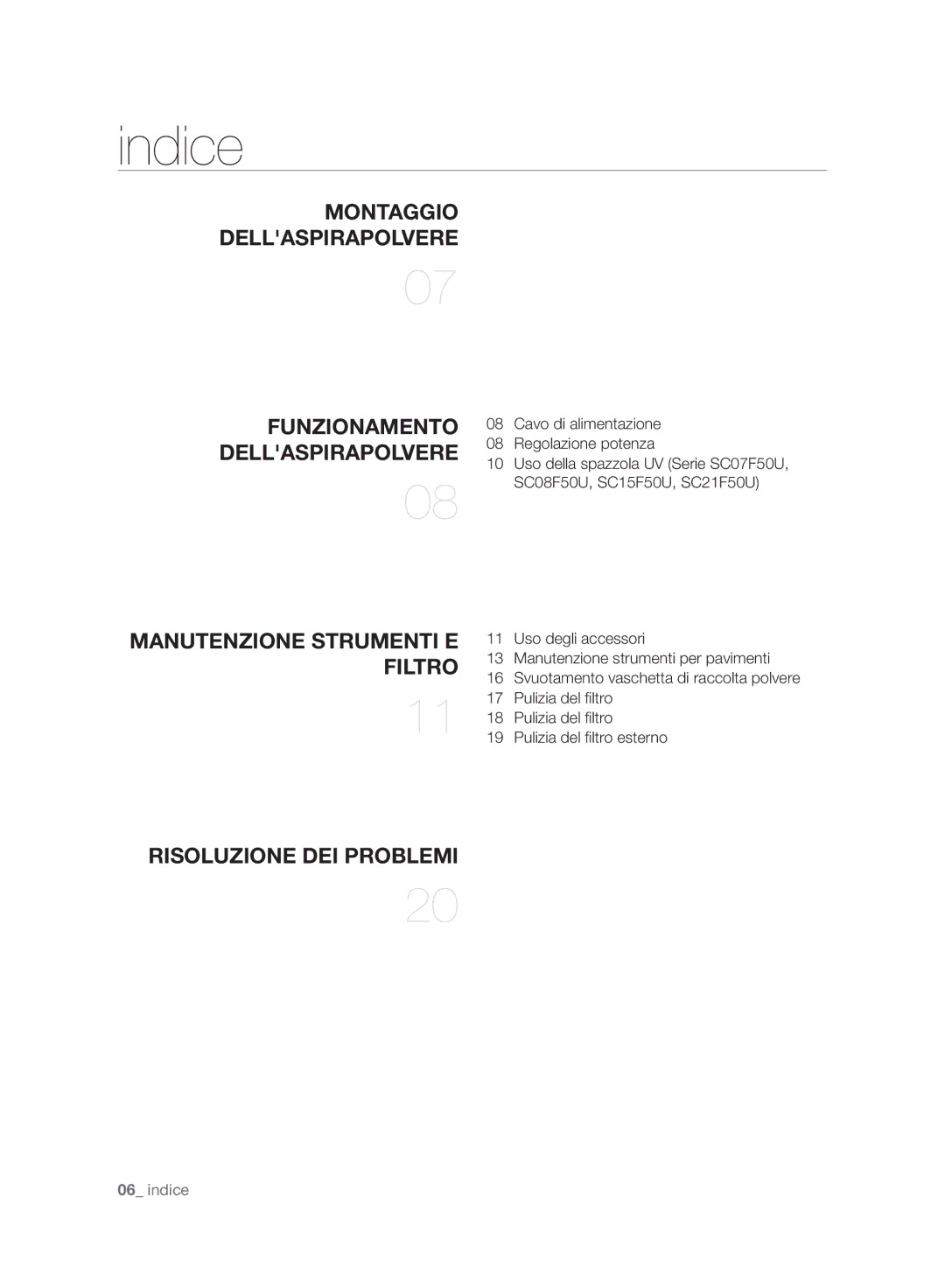 Samsung VC07F50HNRB/EC, VC21F50HNDB/ET, VC21F50VNAP/EC, VC21F50HNDB/EC Indice, Montaggio Dellaspirapolvere Funzionamento 