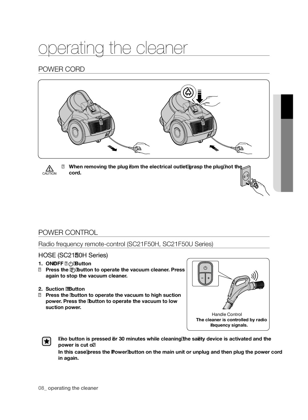 Samsung VC21F50VNAR/ST, VC21F50HNDB/MG, VC21F50VNAR/MG, VC21F50VNAR/ME manual Operating the cleaner, Power Cord, Power Control 