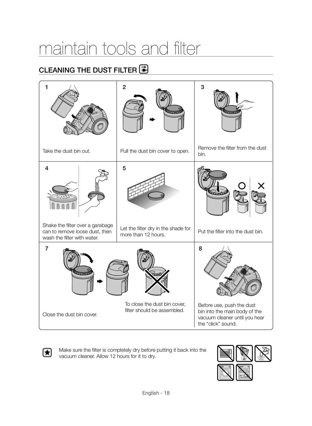 Samsung VC21F50HNFC/HC, VC21F50HNHR/HC manual Pull the dust bin cover to open, Bin, Shake the ﬁ lter over a garabage 