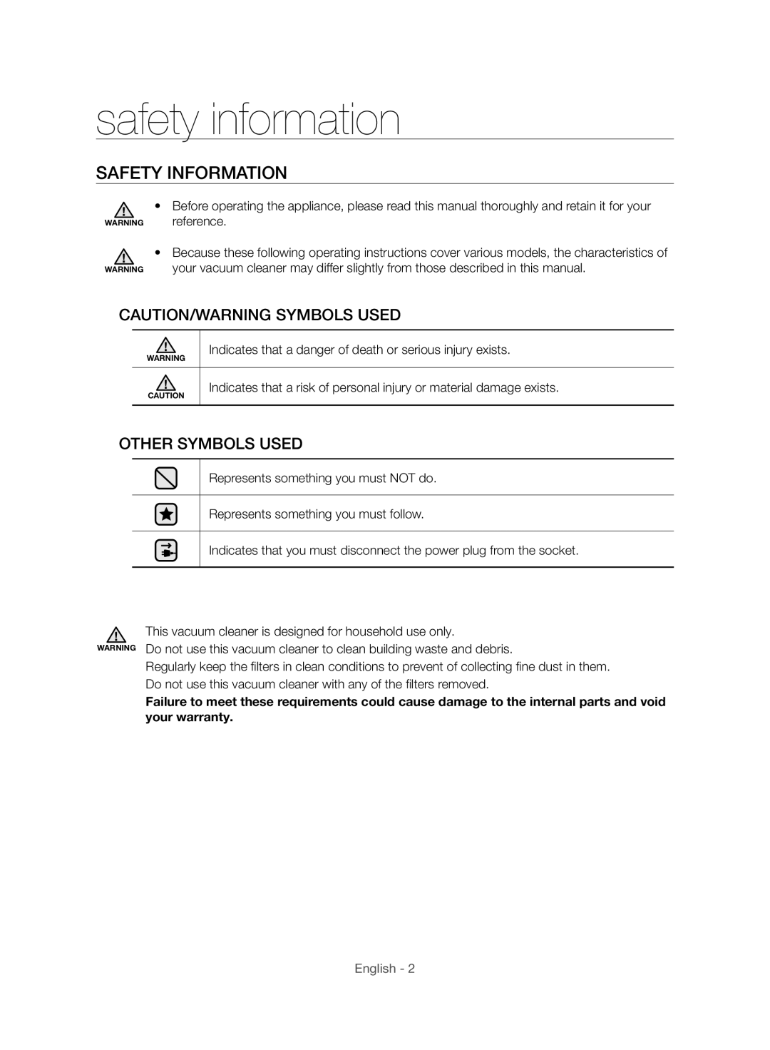 Samsung VC21F50HNFC/HC, VC21F50HNHR/HC manual Safety information, Safety Information 