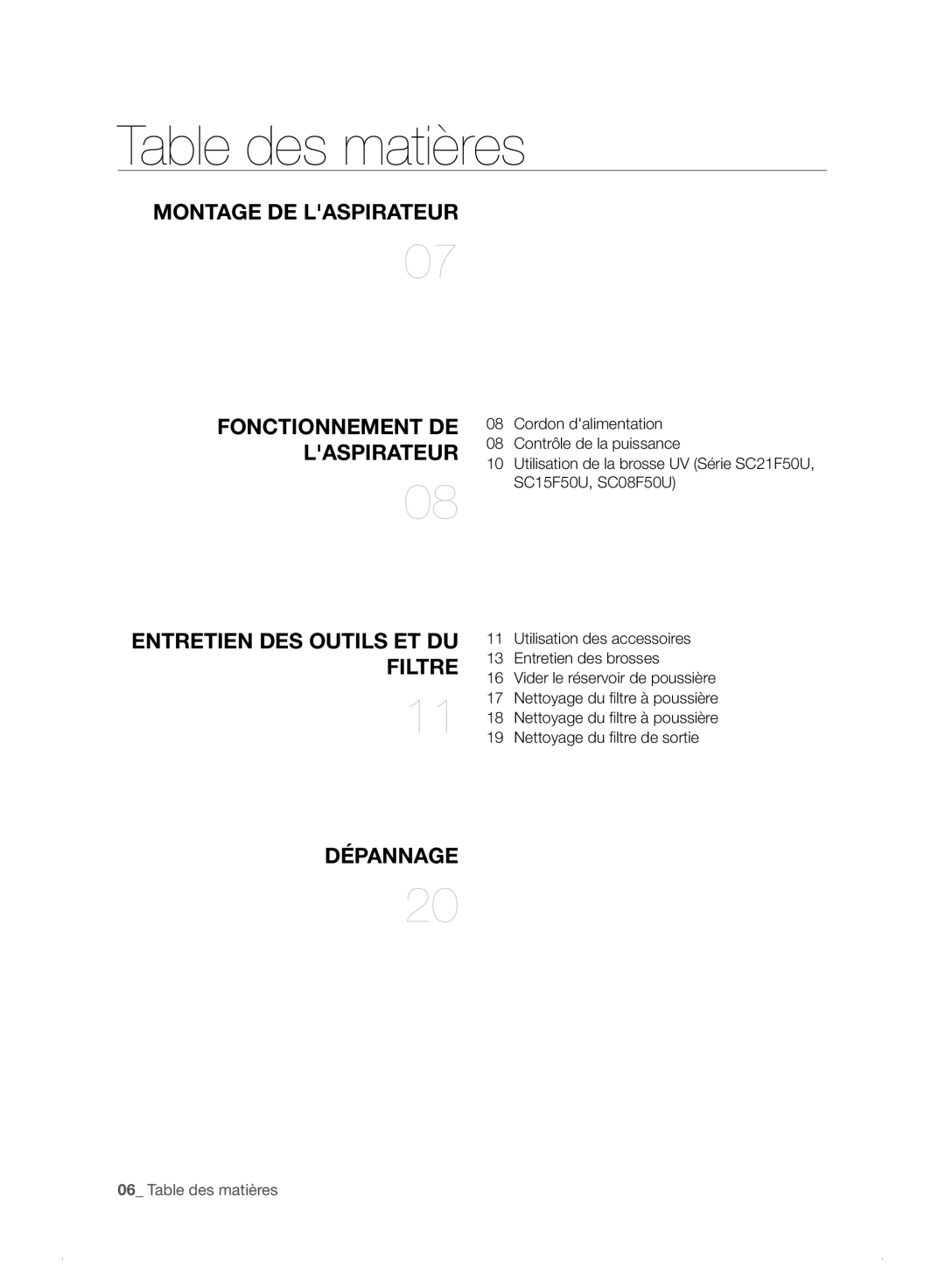 Samsung VC21F50VNAB/EF, VC21F50HUDU/EF, VC08F50HNRB/EF, VC07F50HNRB/EF, VC15F50HNQB/EF manual Table des matières, Dépannage 