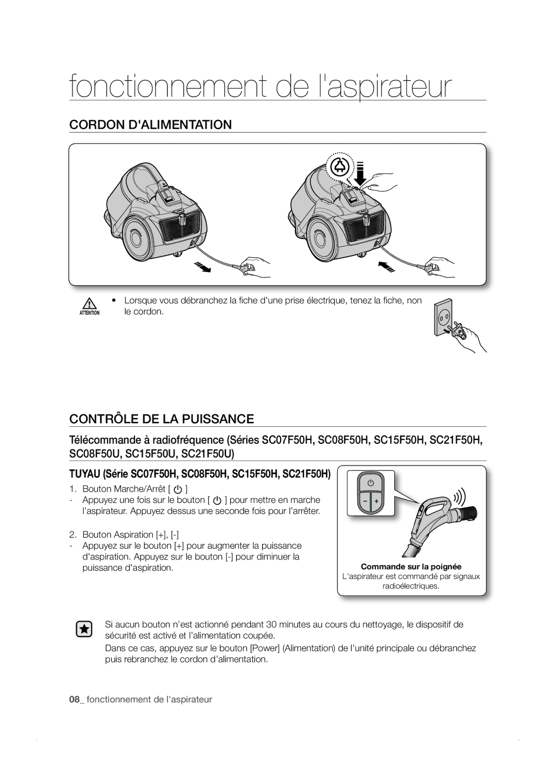 Samsung VC08F50HNRB/EF, VC21F50HUDU/EF manual Fonctionnement de laspirateur, Cordon Dalimentation, Contrôle DE LA Puissance 