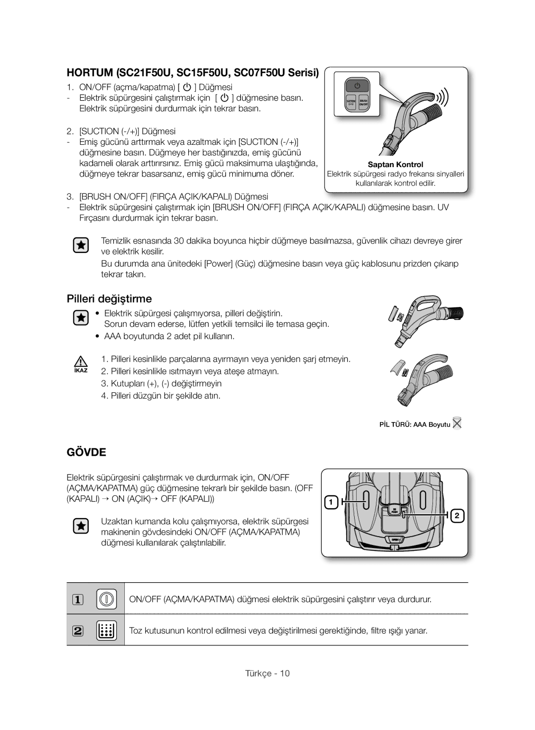 Samsung VC21F50VNAR/ME, VC21F50UKGC/TR, VC21F50VNAR/EO manual Hortum SC21F50U, SC15F50U, SC07F50U Serisi, Pilleri değiştirme 