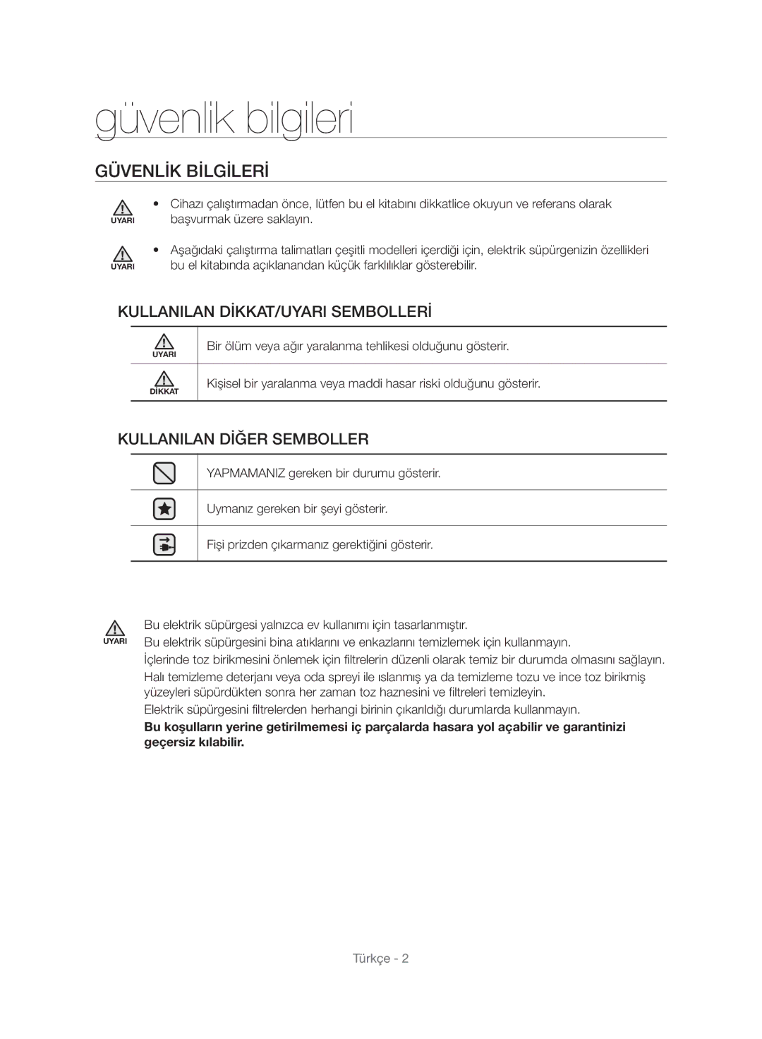 Samsung VC21F50VNAR/TR, VC21F50UKGC/TR, VC21F50VNAR/EO, VC15F50VNVR/GE, VC15F50VNRB/GE Güvenlik bilgileri, Güvenlik Bilgileri 