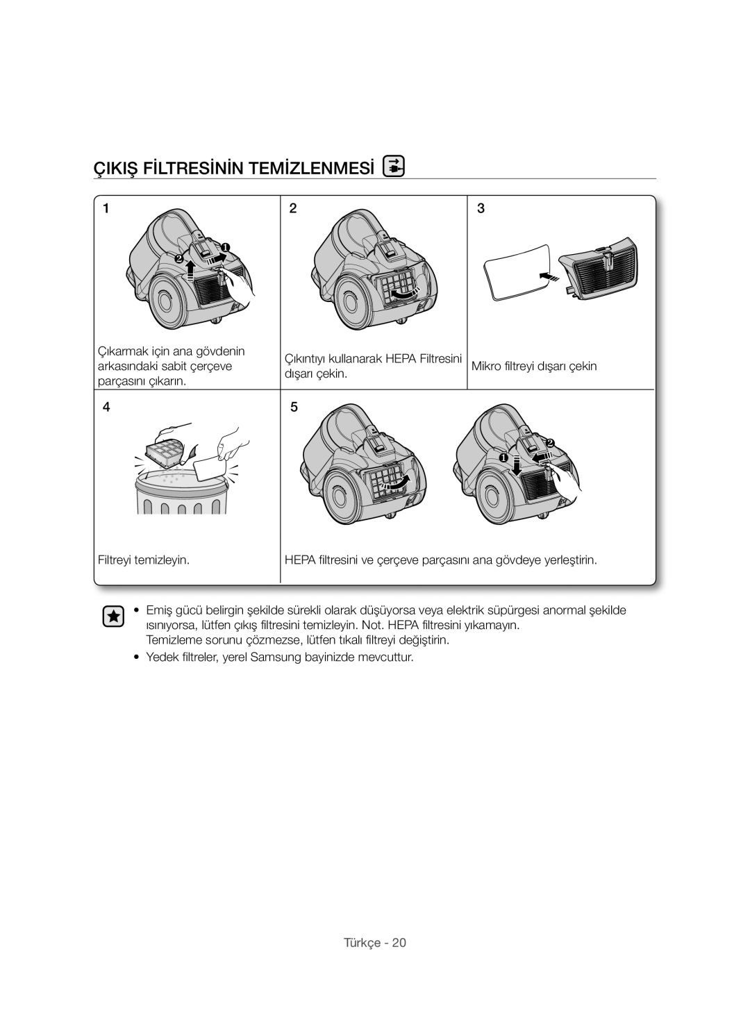 Samsung VC07F50VNRB/TR, VC21F50UKGC/TR, VC21F50VNAR/EO, VC21F50VNAR/TR, VC15F50VNVR/GE manual Çikiş Filtresinin Temizlenmesi 