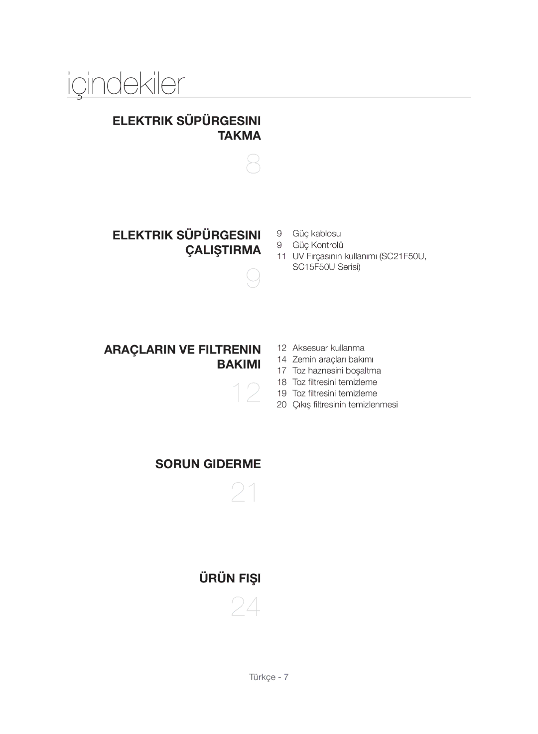 Samsung VC15F50VNVR/TR, VC21F50UKGC/TR, VC21F50VNAR/EO, VC21F50VNAR/TR, VC15F50VNVR/GE, VC15F50VNRB/GE Içindekiler, Çaliştirma 