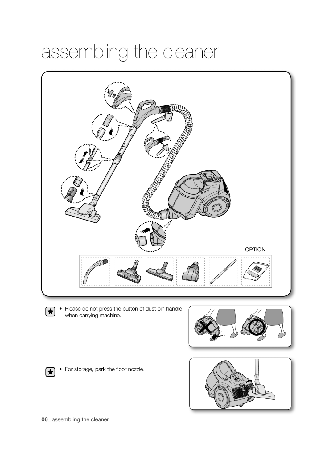 Samsung VC21F50VNAP/ML, VC21F50HUDU/ML manual Assembling the cleaner, Option 