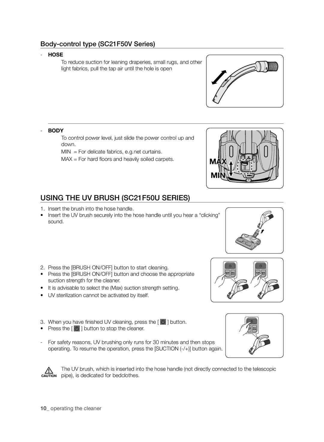 Samsung VC21F50VNAR/ST, VC21F50VNAR/ME Max, Min, Using the UV Brush SC21F50U Series, Body-control type SC21F50V Series 
