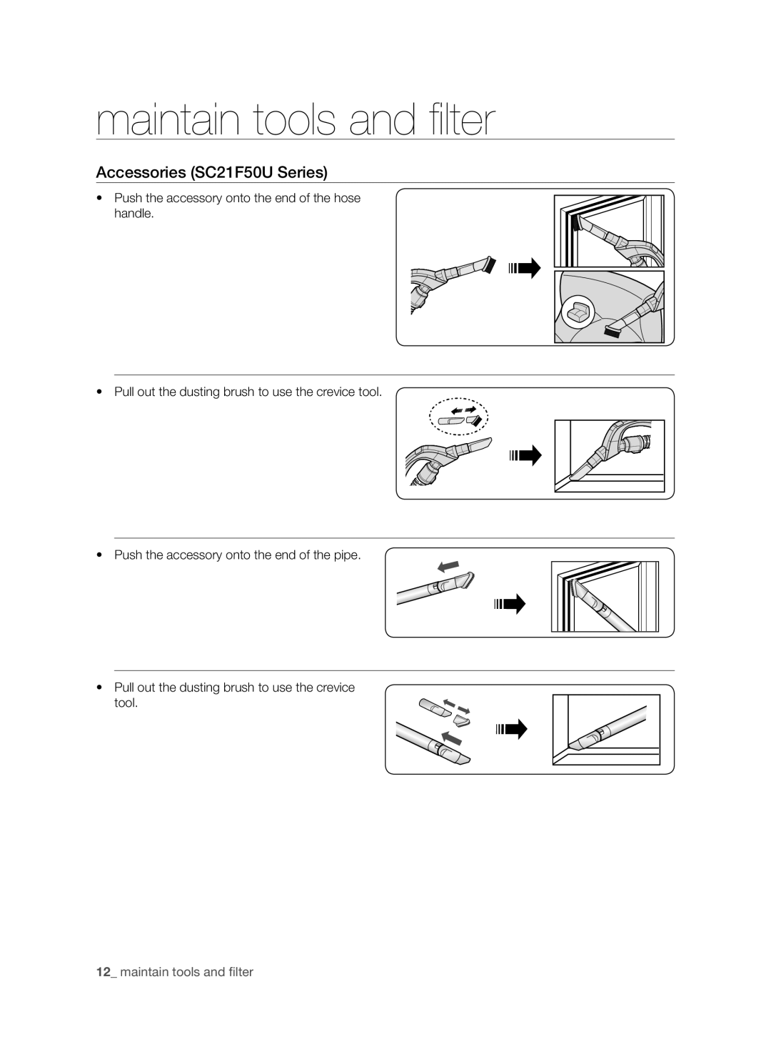 Samsung VC21F50VNAR/ME, VC21F50VNAR/ST, VC21F50HNDB/SV manual Accessories SC21F50U Series 