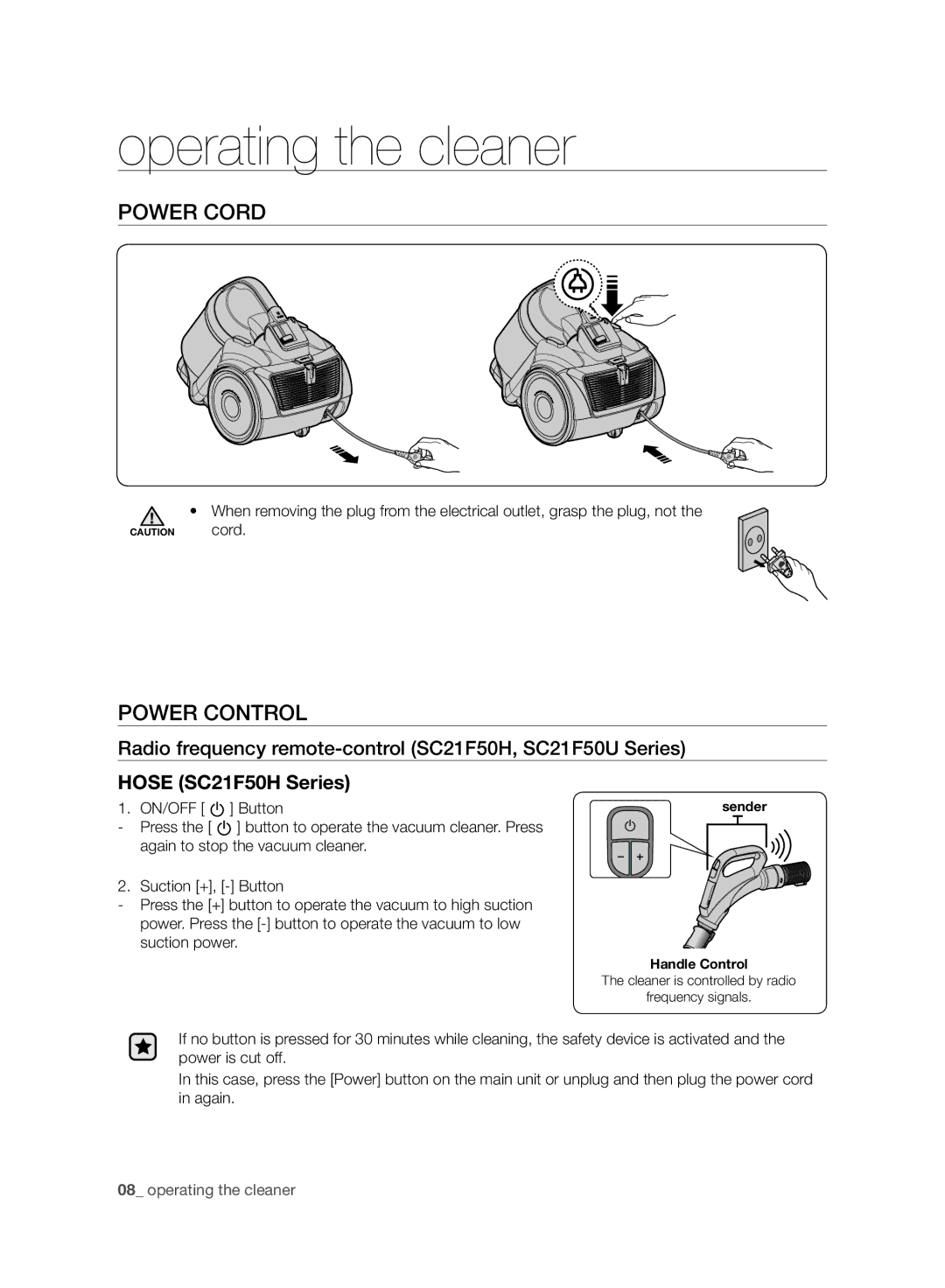 Samsung VC21F50HNDB/SV, VC21F50VNAR/ME manual Operating the cleaner, Power Cord, Power Control, Hose SC21F50H Series 