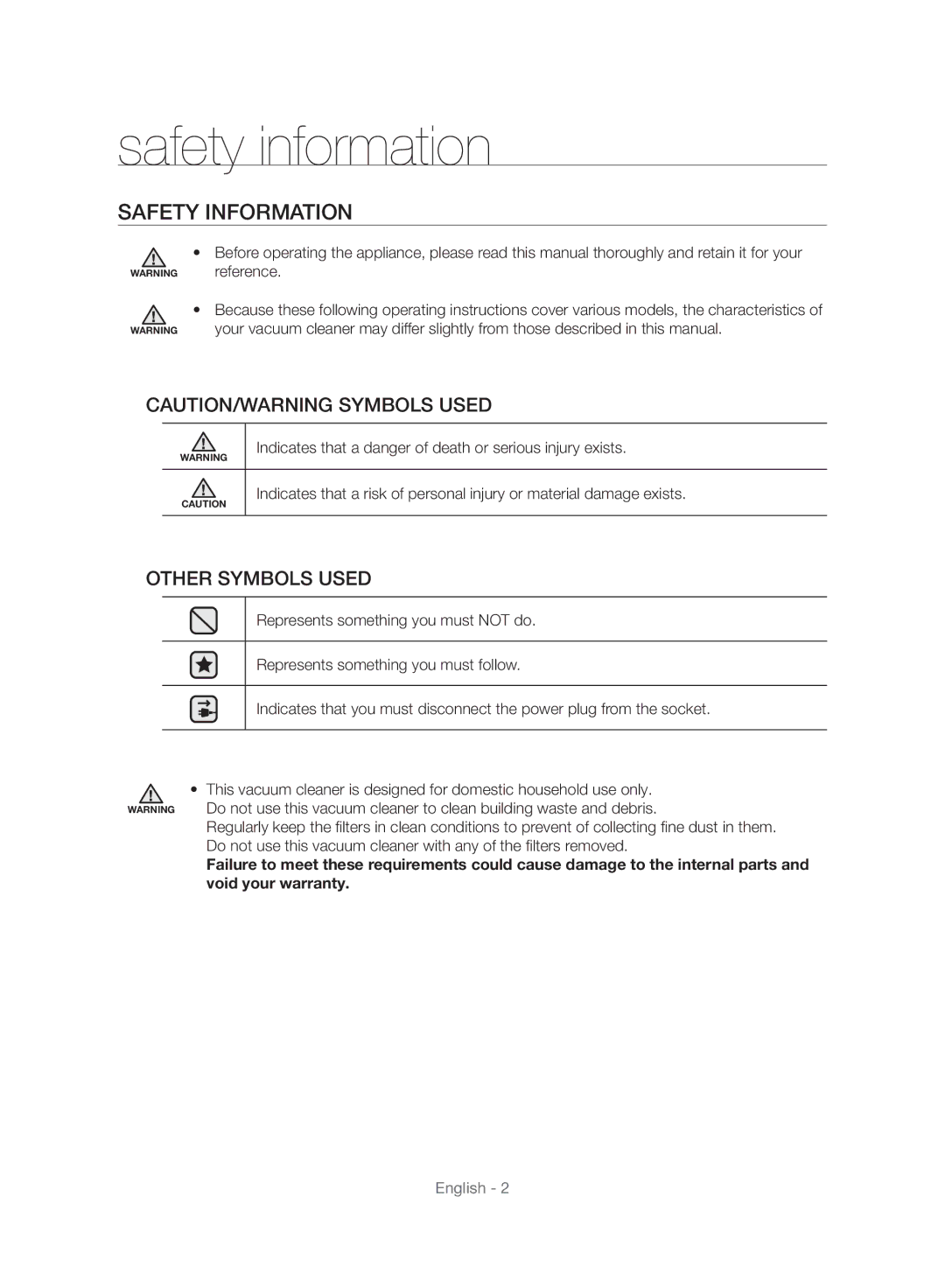 Samsung VC21F60WNAR/MG, VC21F60JUFB/MG, VC21F60JUDB/MG, VC21F60WNER/MG manual Safety information, Safety Information 