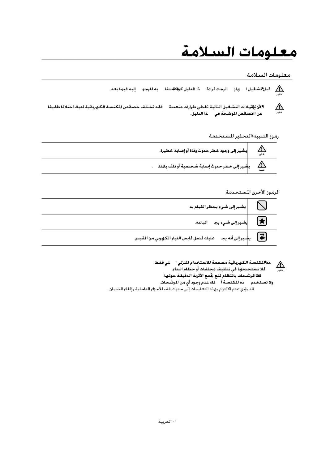 Samsung VC21F60WNER/MG, VC21F60JUFB/MG manual ةملاسلا تامولعم, ةمدختسلما ريذحتلا/هيبنتلا زومر, ةمدختسلما ىرخلأا زومرلا 