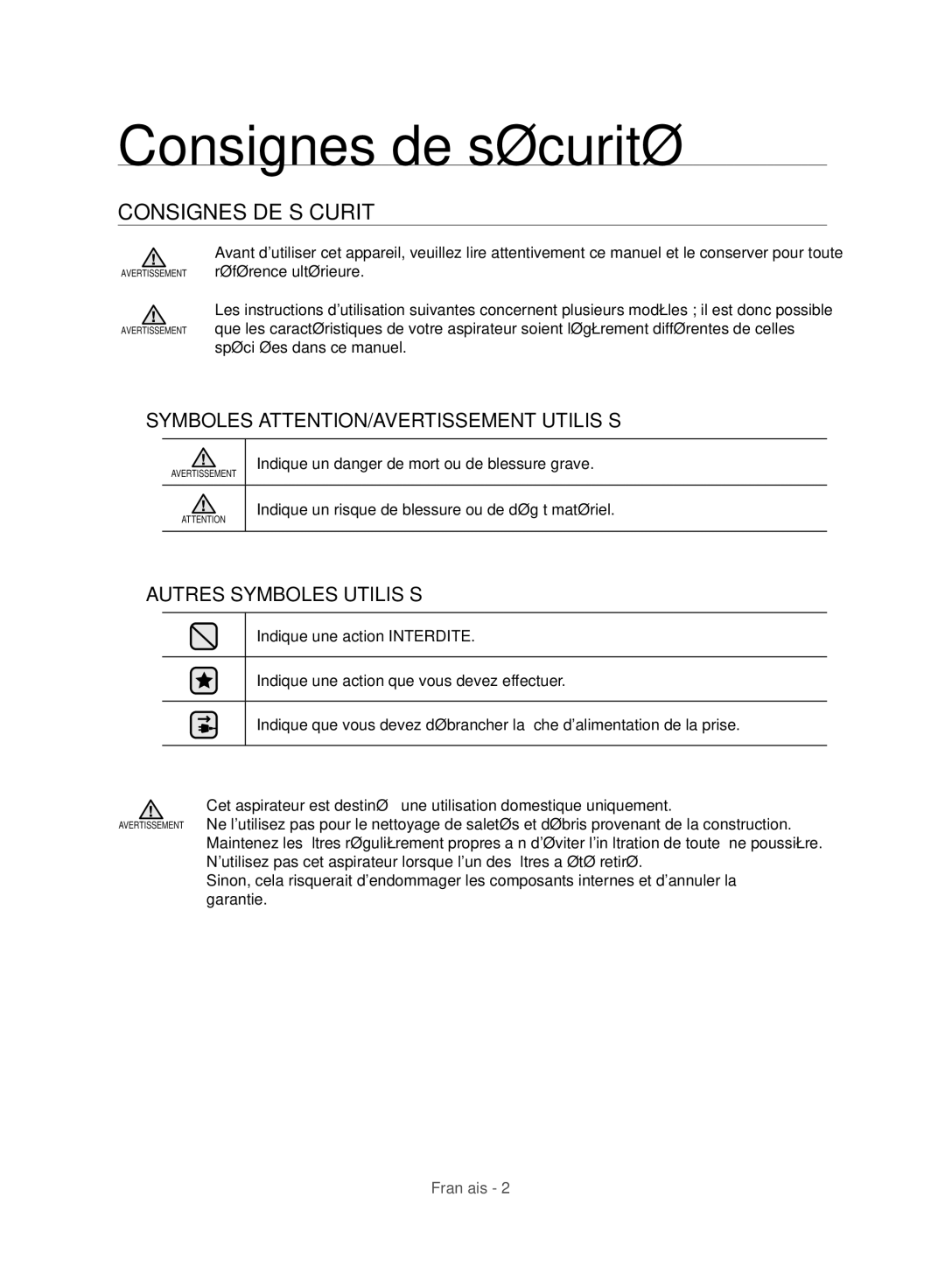 Samsung VC21F60WNAR/MG, VC21F60JUFB/MG, VC21F60JUDB/MG, VC21F60WNER/MG manual Consignes de sécurité, Consignes DE Sécurité 