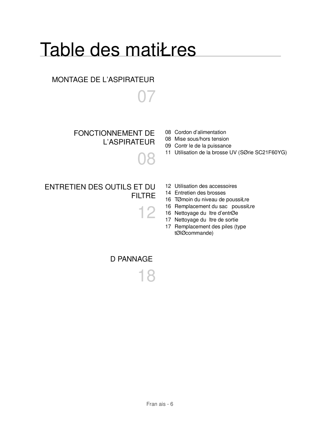 Samsung VC21F60WNAR/MG, VC21F60JUFB/MG, VC21F60JUDB/MG, VC21F60WNER/MG manual Table des matières, Laspirateur 