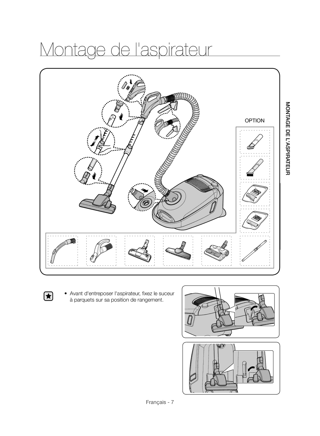 Samsung VC21F60WNER/MG, VC21F60JUFB/MG, VC21F60JUDB/MG, VC21F60WNAR/MG manual Montage de laspirateur 