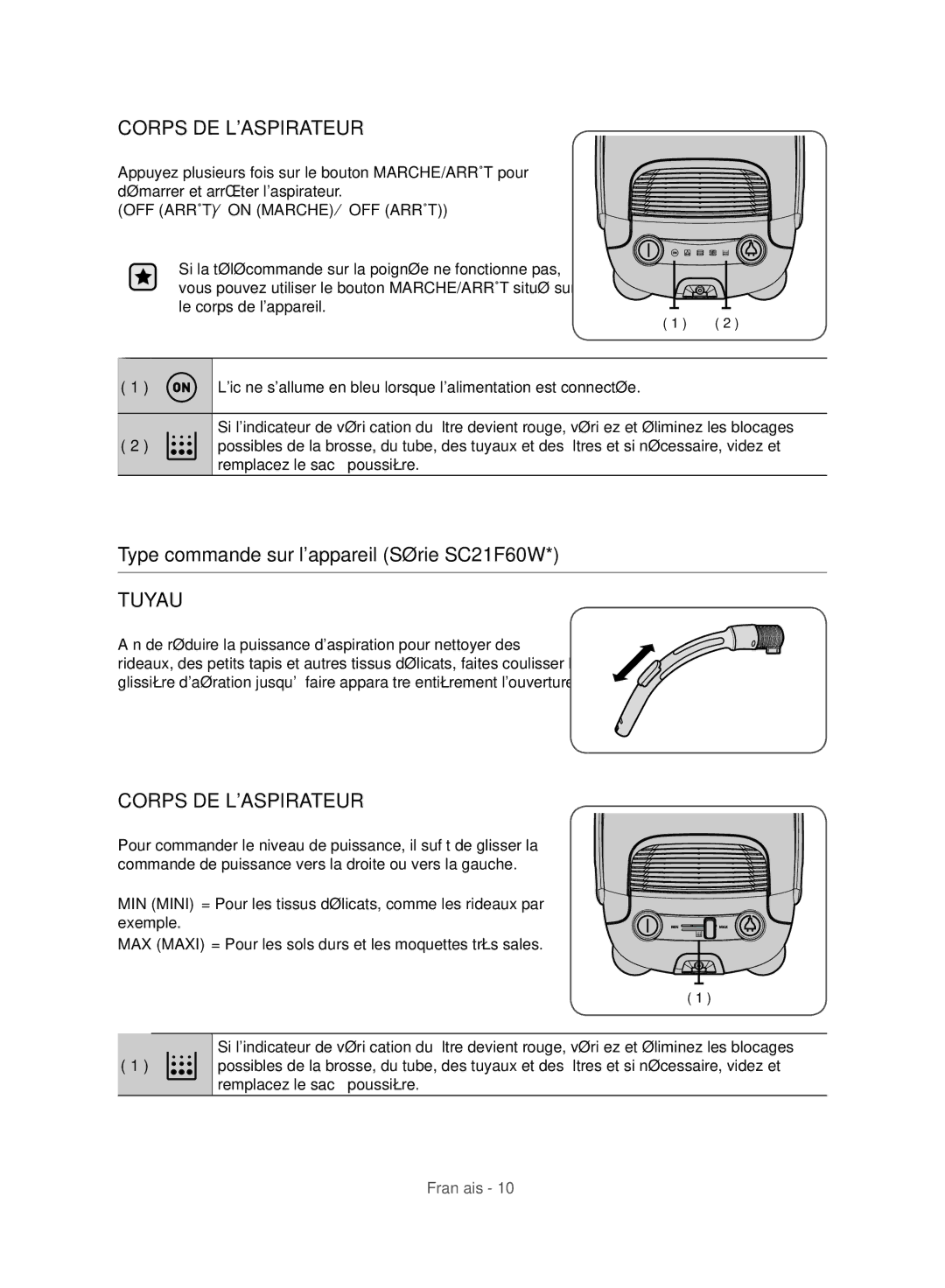 Samsung VC21F60WNAR/MG, VC21F60JUFB/MG, VC21F60JUDB/MG, VC21F60WNER/MG manual Corps DE Laspirateur 