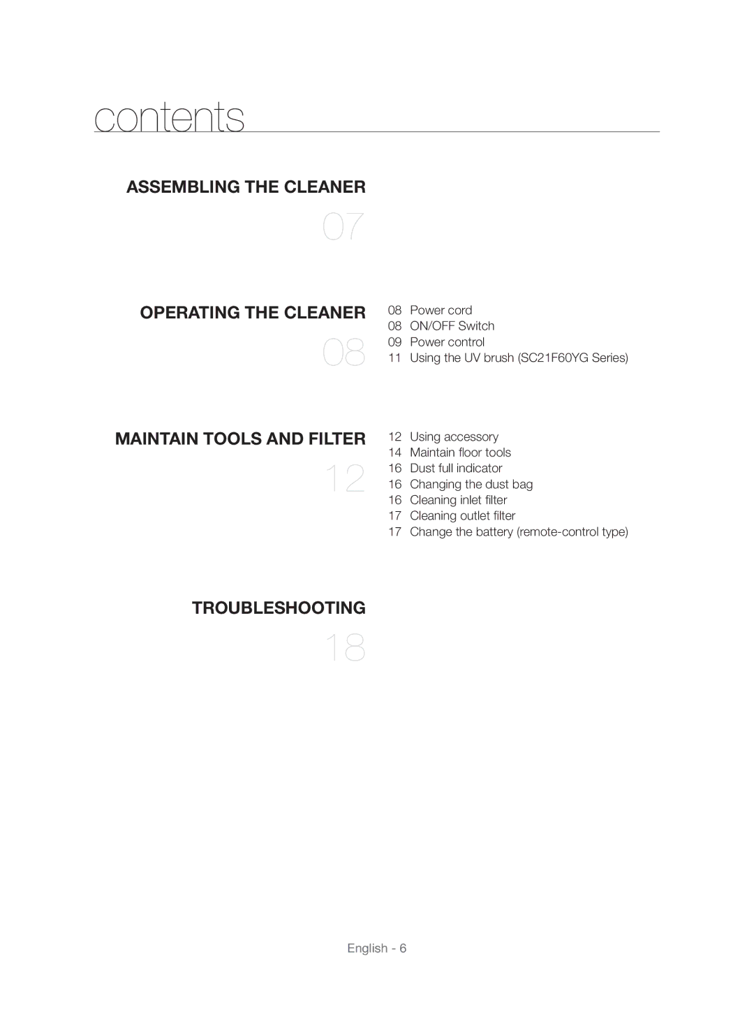 Samsung VC21F60WNAR/MG, VC21F60JUFB/MG, VC21F60JUDB/MG, VC21F60WNER/MG manual Contents 