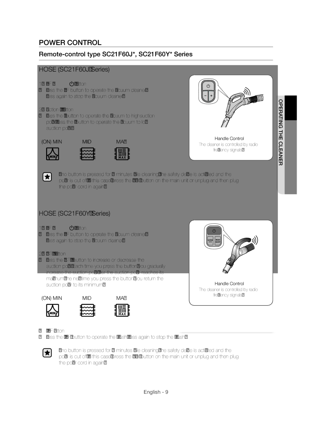 Samsung VC21F60JUDB/MG, VC21F60JUFB/MG, VC21F60WNAR/MG manual Power Control, Hose SC21F60J* Series, Hose SC21F60Y* Series 