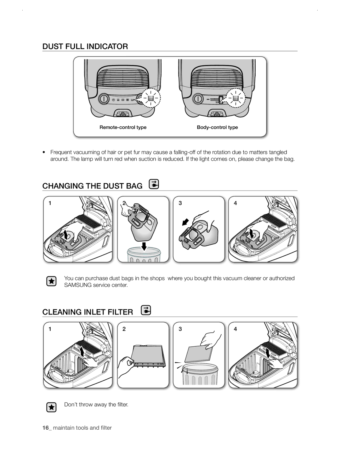 Samsung VC21F60WNAR/EE manual Dust Full Indicator, Changing the Dust BAG, Cleaning Inlet Filter 