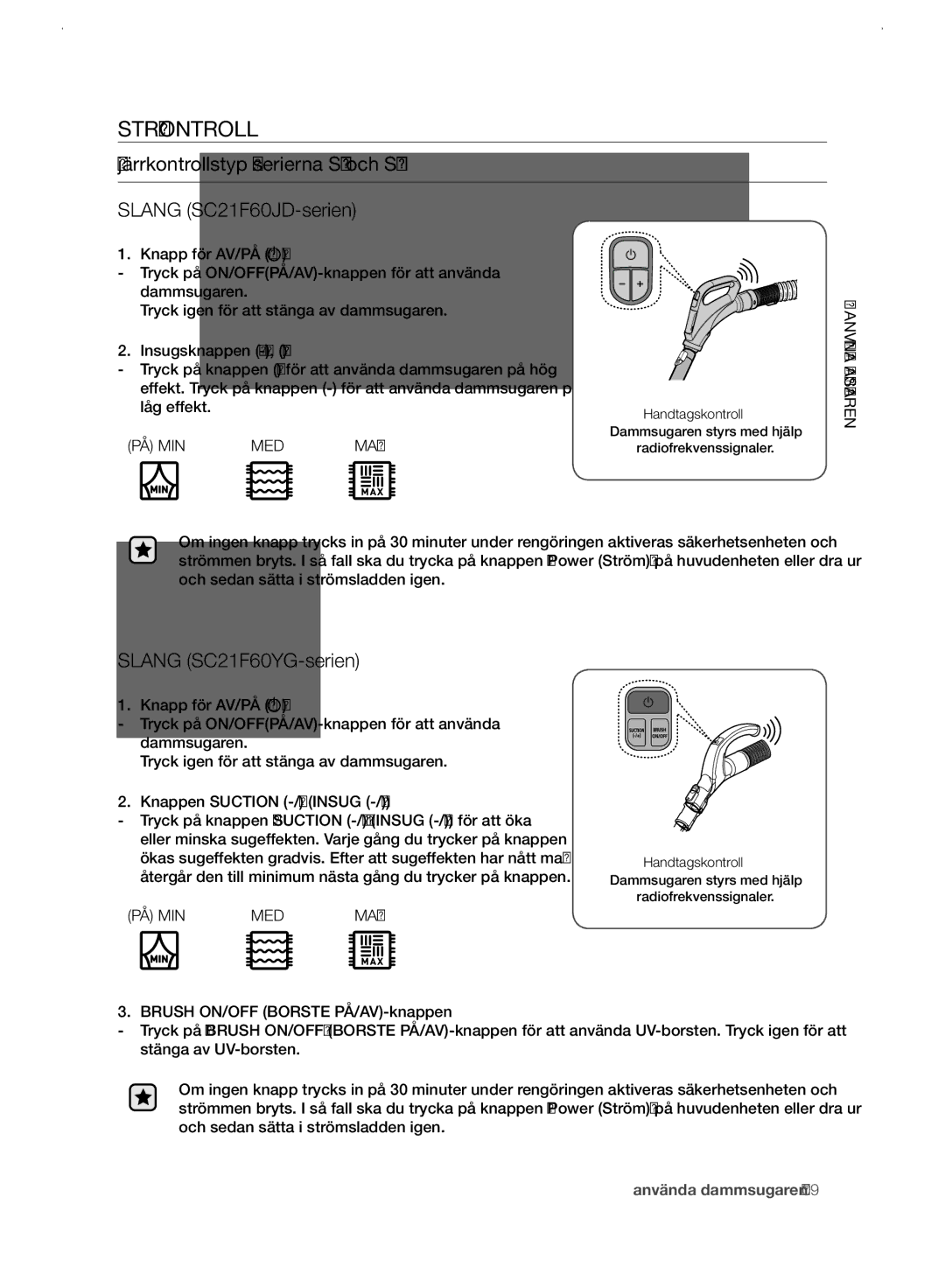 Samsung VC21F60WNAR/EE manual Strömkontroll, Fjärrkontrollstyp serierna SC21F60JD och SC21F60YG 