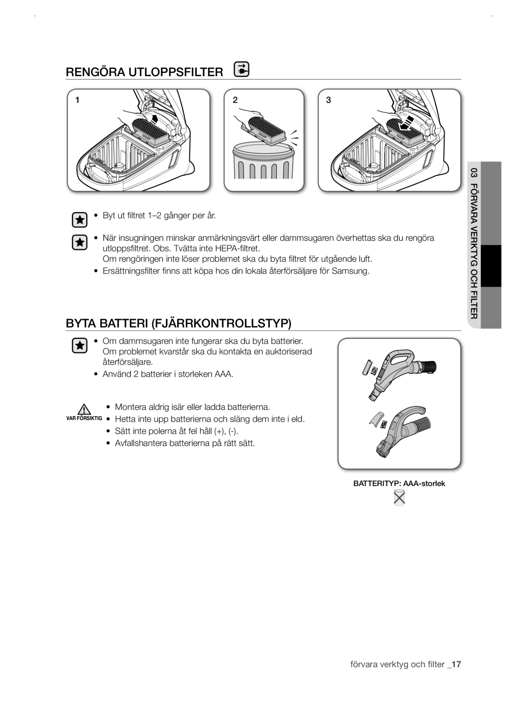 Samsung VC21F60WNAR/EE manual Byta Batteri Fjärrkontrollstyp, Rengöra Utloppsfilter 