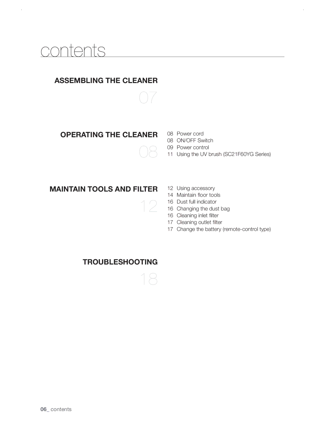 Samsung VC21F60WNAR/EE manual Contents 