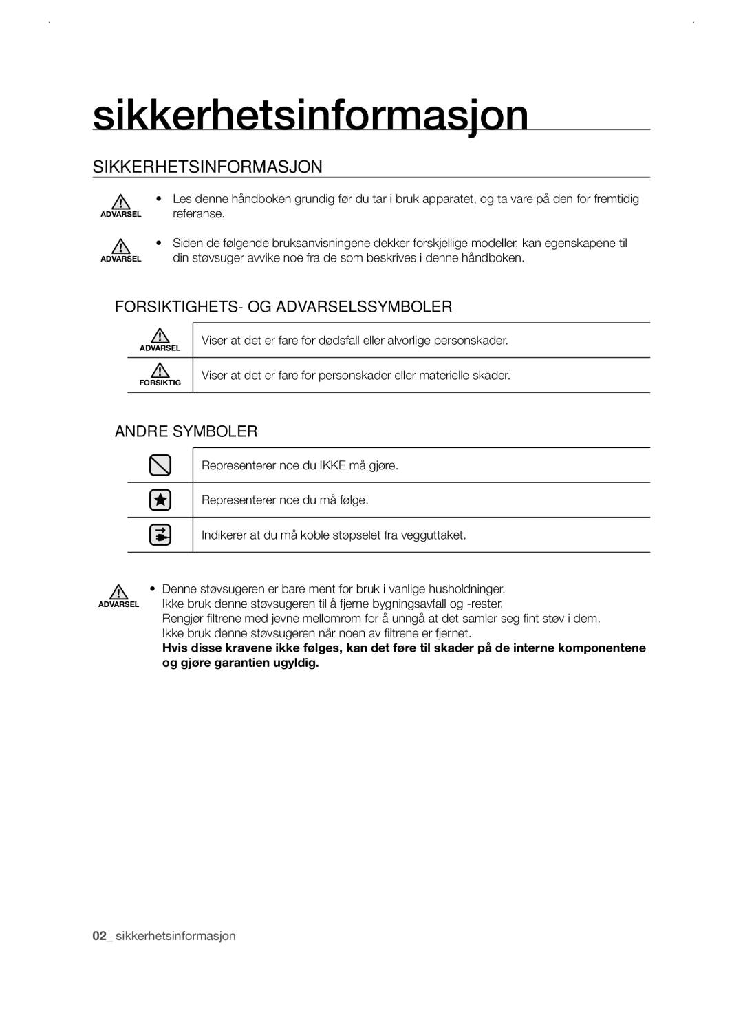 Samsung VC21F60WNAR/EE manual Sikkerhetsinformasjon 