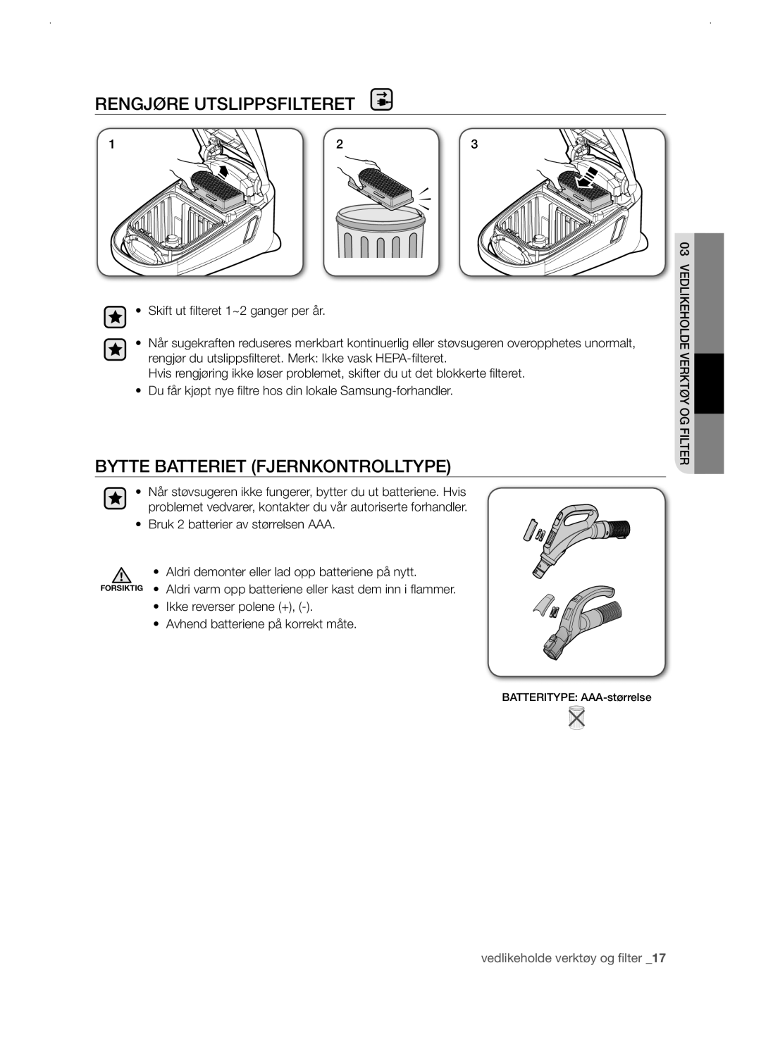 Samsung VC21F60WNAR/EE manual Rengjøre Utslippsfilteret, Bytte Batteriet Fjernkontrolltype 