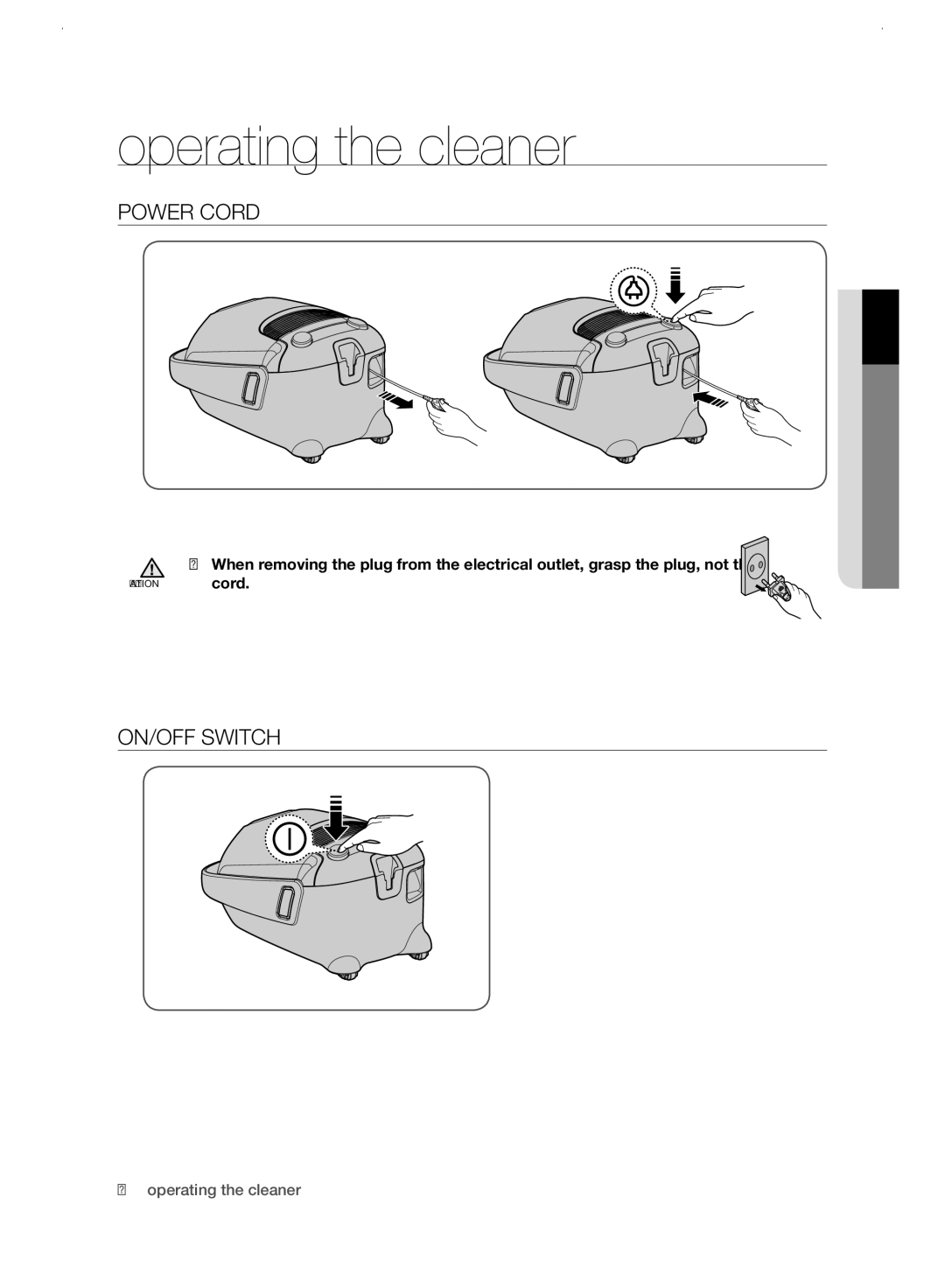 Samsung VC21F60WNAR/EE manual Operating the cleaner, Power Cord, ON/OFF Switch 