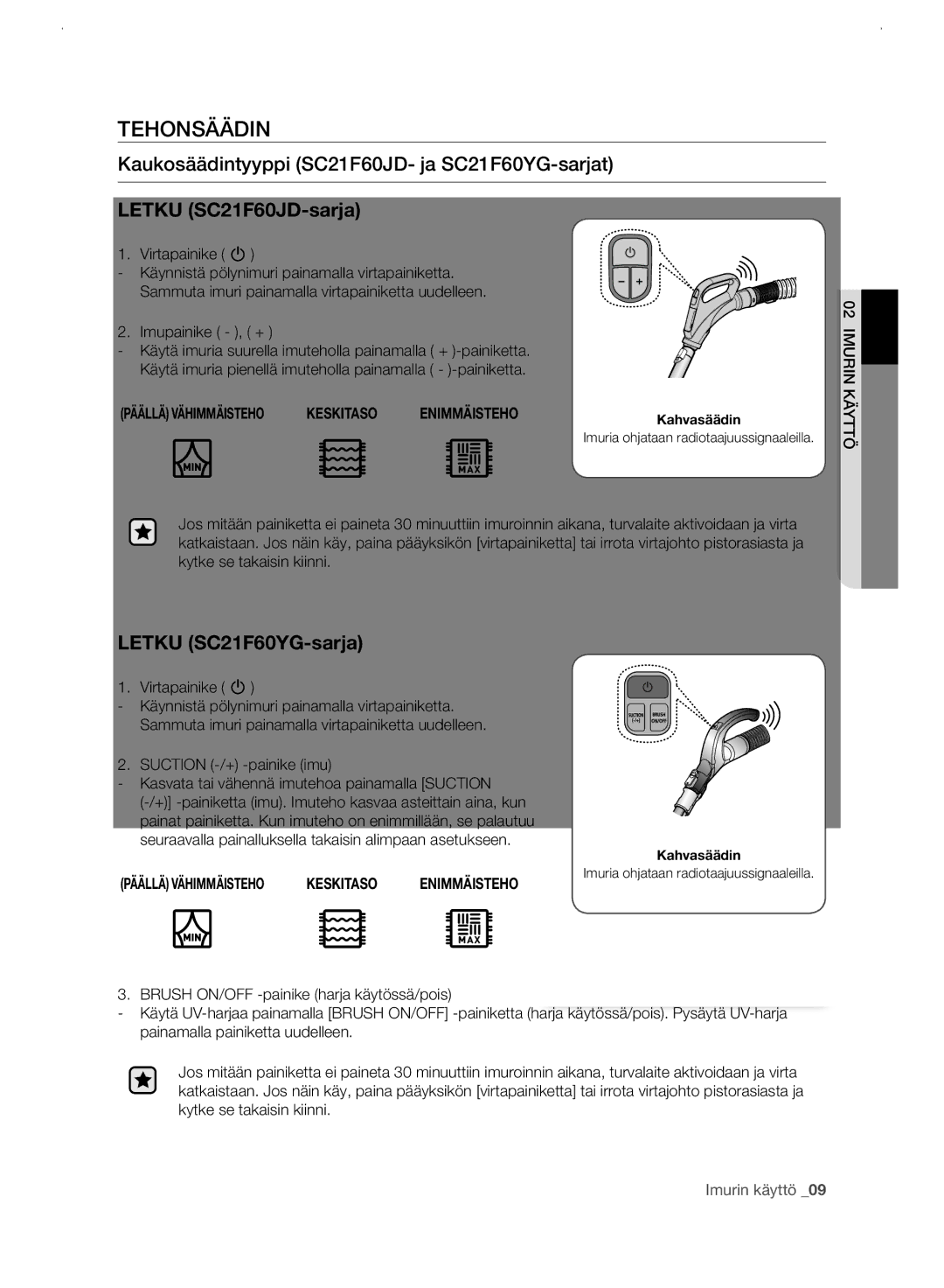 Samsung VC21F60WNAR/EE manual Tehonsäädin, Kaukosäädintyyppi SC21F60JD- ja SC21F60YG-sarjat 